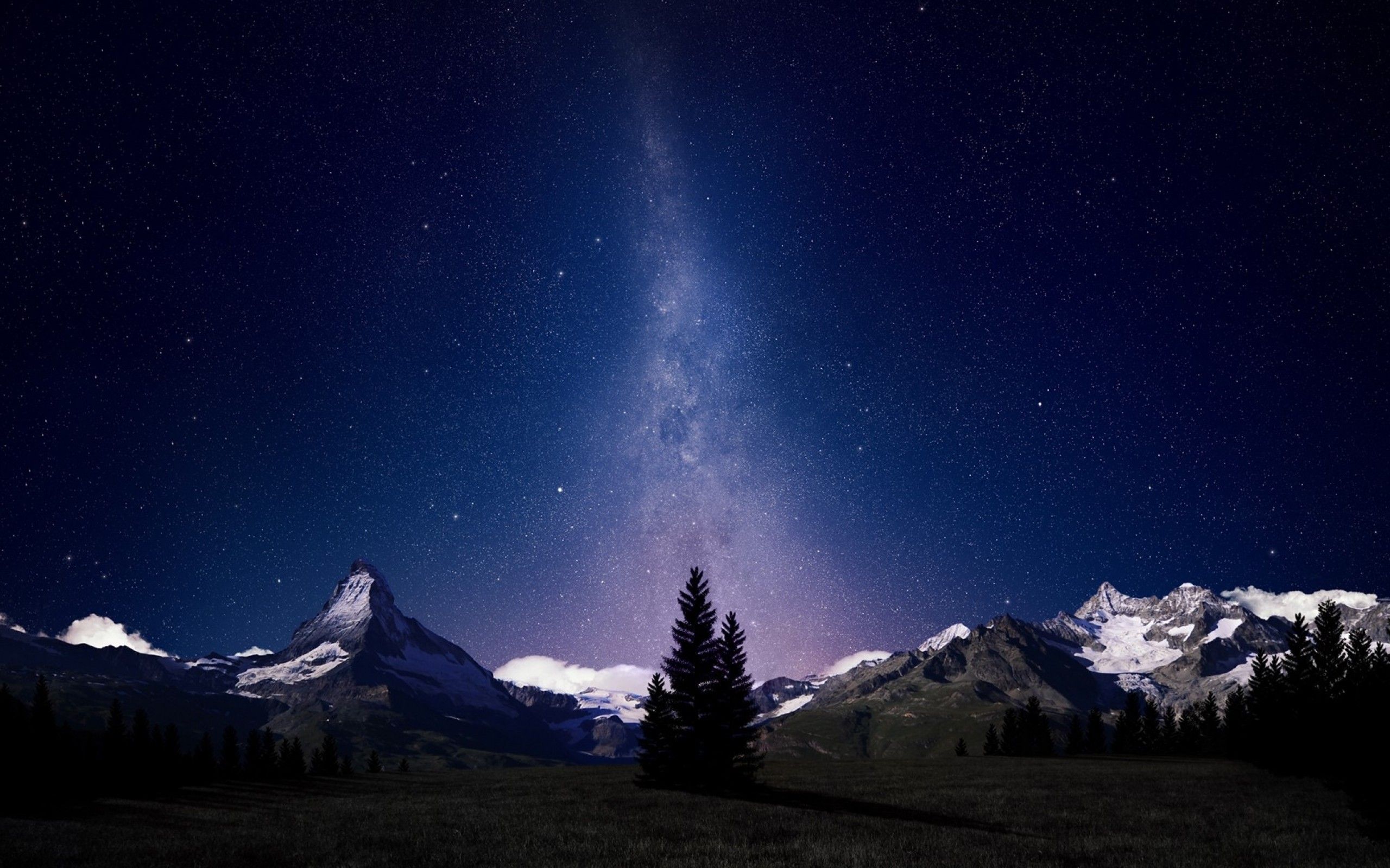 Download 2560x1600 Galaxy, Stars, Night, Mountains, Hills, Tree