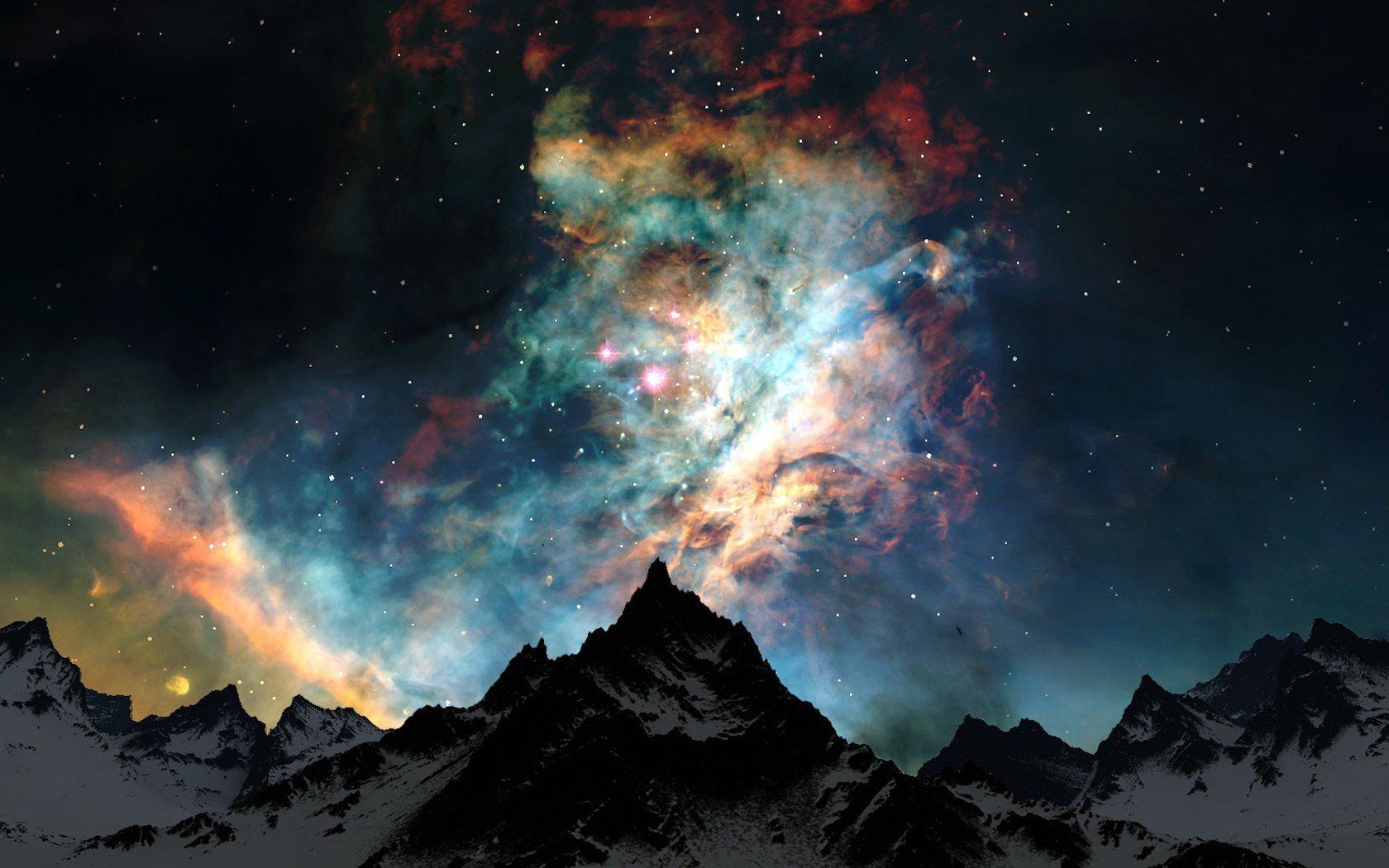 space, Stars, Nebula, Galaxy, Mountains, Snowy peak, Space art