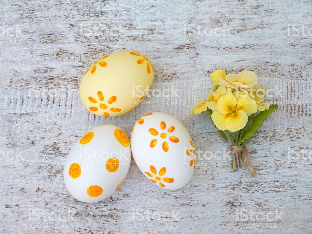 Easter Eggs And Yellow Primrose Bouquet Composition