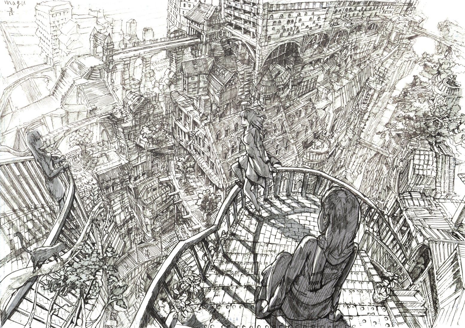 sketches, fantasy art, monochrome, anime girls, cities wallpaper