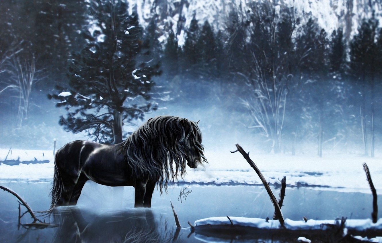 Wallpaper winter, water, snow, trees, lake, reflection, horse