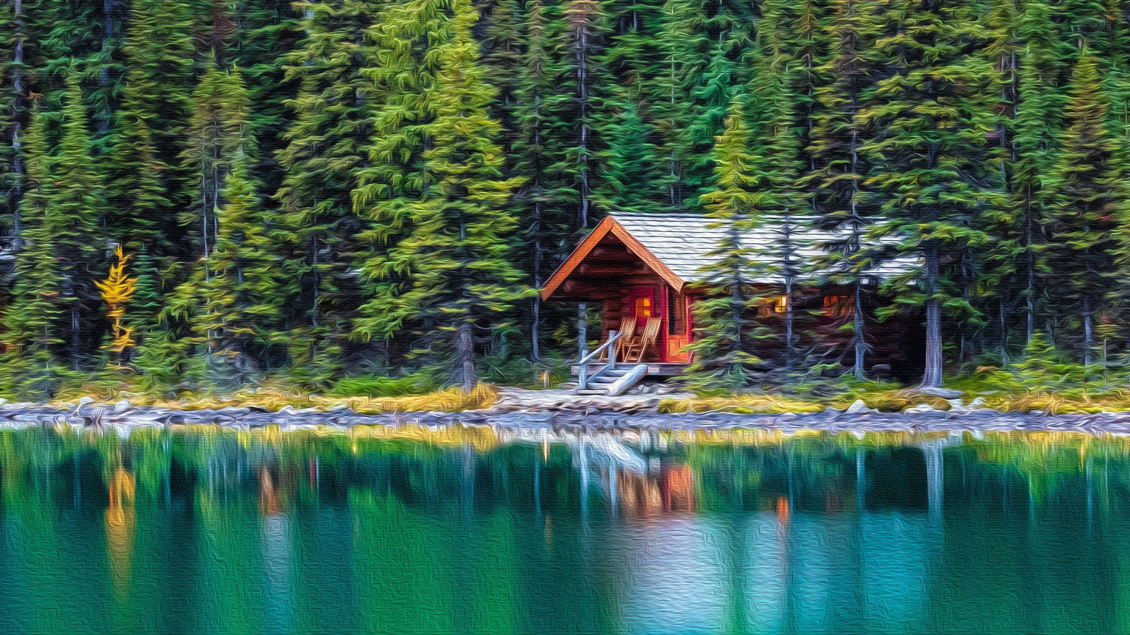 Lakeside Cabin on Canvas 4k Ultra HD Wallpaper