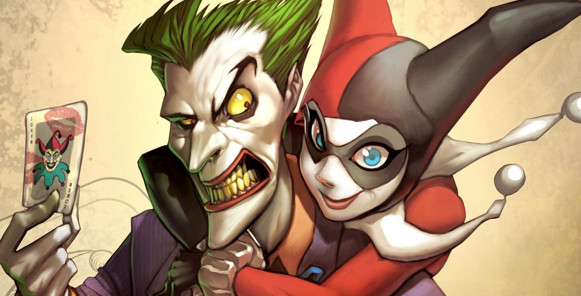 Download 1920x980 Harley Quinn, Joker, Card, Artwork, Dc Comics