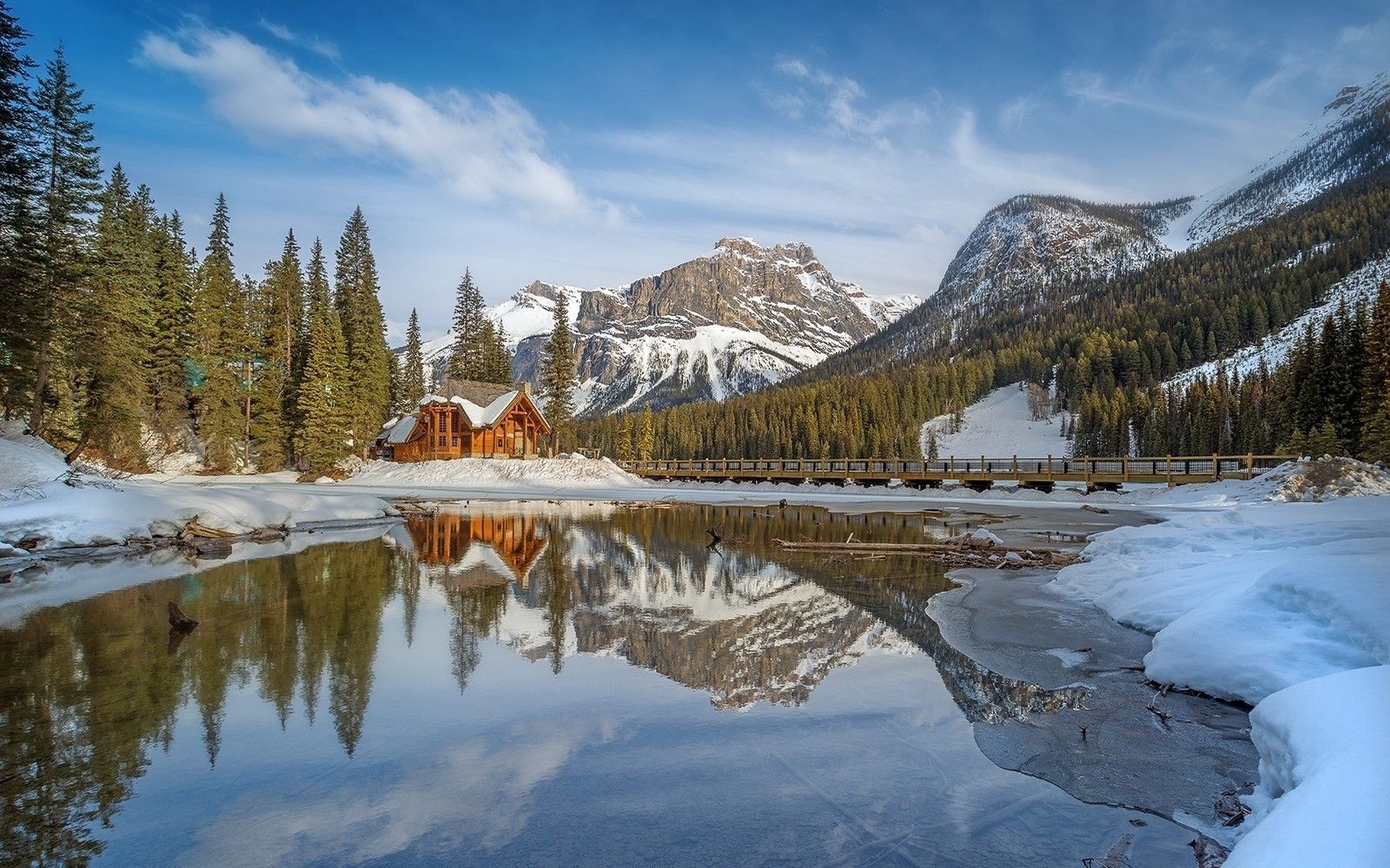nature, Landscape, Lake, Cabin, Winter, Mountain, Snow, Reflection