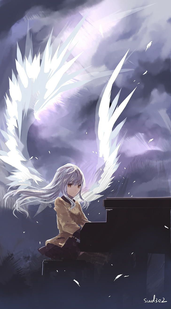 HD wallpaper: wings, yellow eyes, piano, long hair, swd3e anime