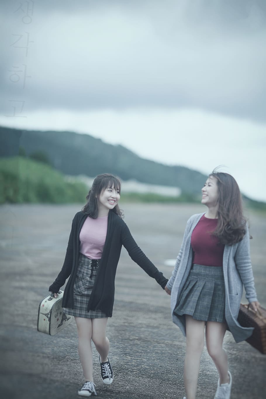 HD wallpaper: two women holding walking on road, laugh, beautiful