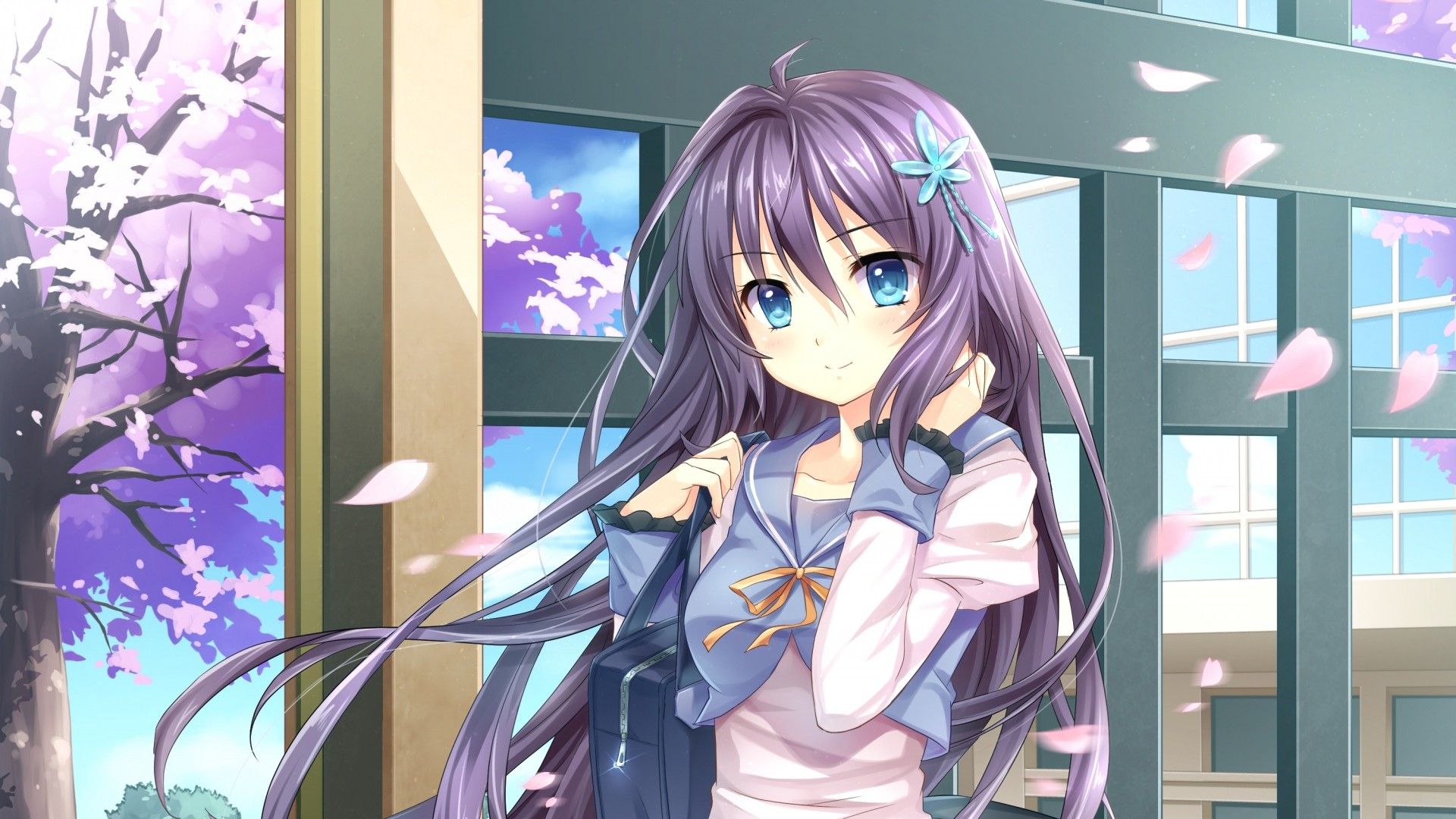 #looking at viewer, #long hair, #cherry blossom, #anime