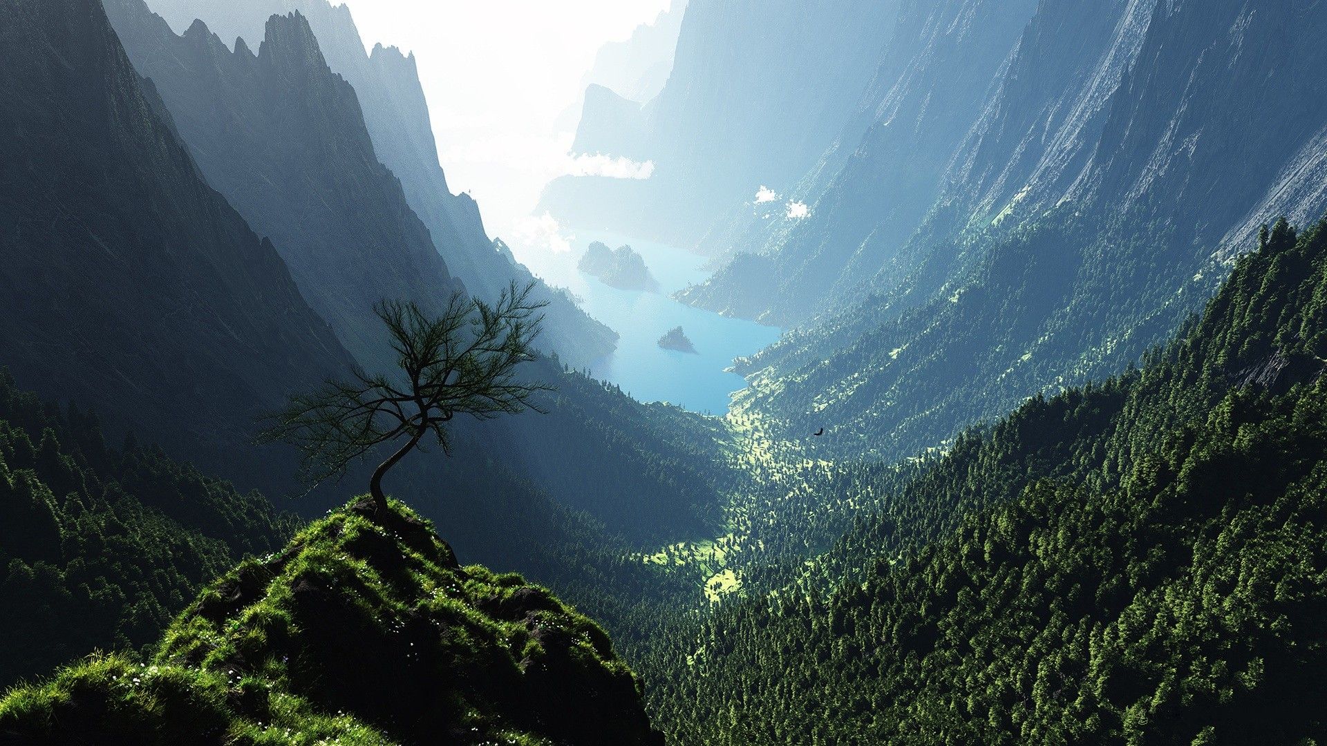 #digital art, #cliff, #water, #lake, #forest, #landscape
