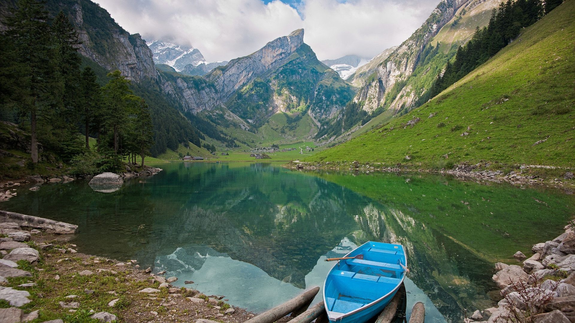 Boat Lake Reflection Mountains Landscape HD wallpaper