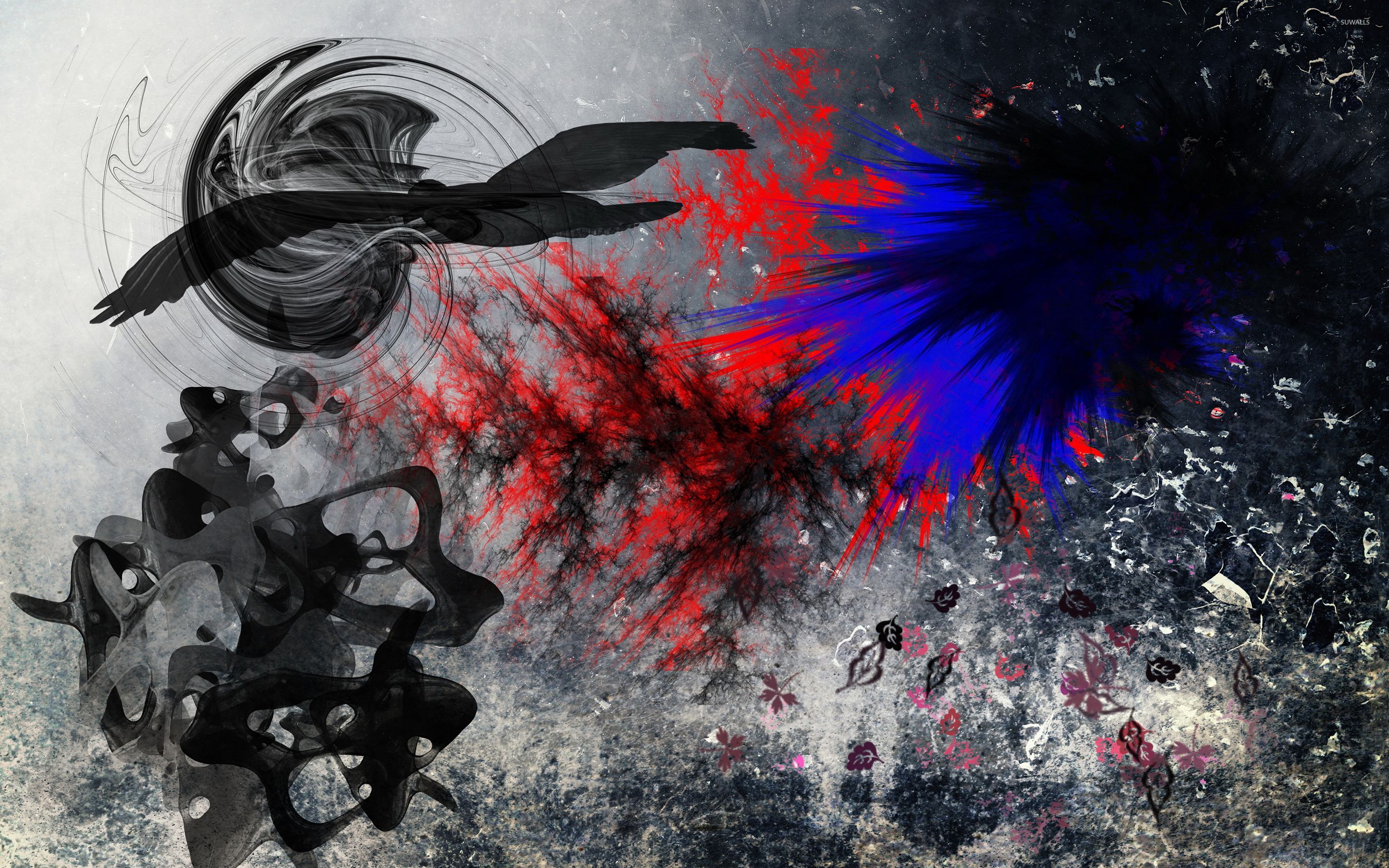 Black bird flying above the mixed colorful smoke wallpaper