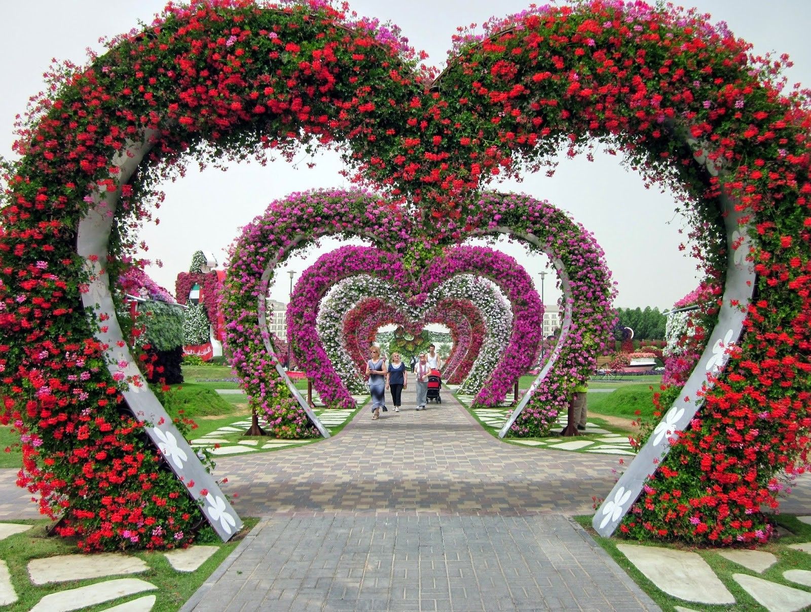 Red and pink flower tunnel in the form of hearts. Flowers