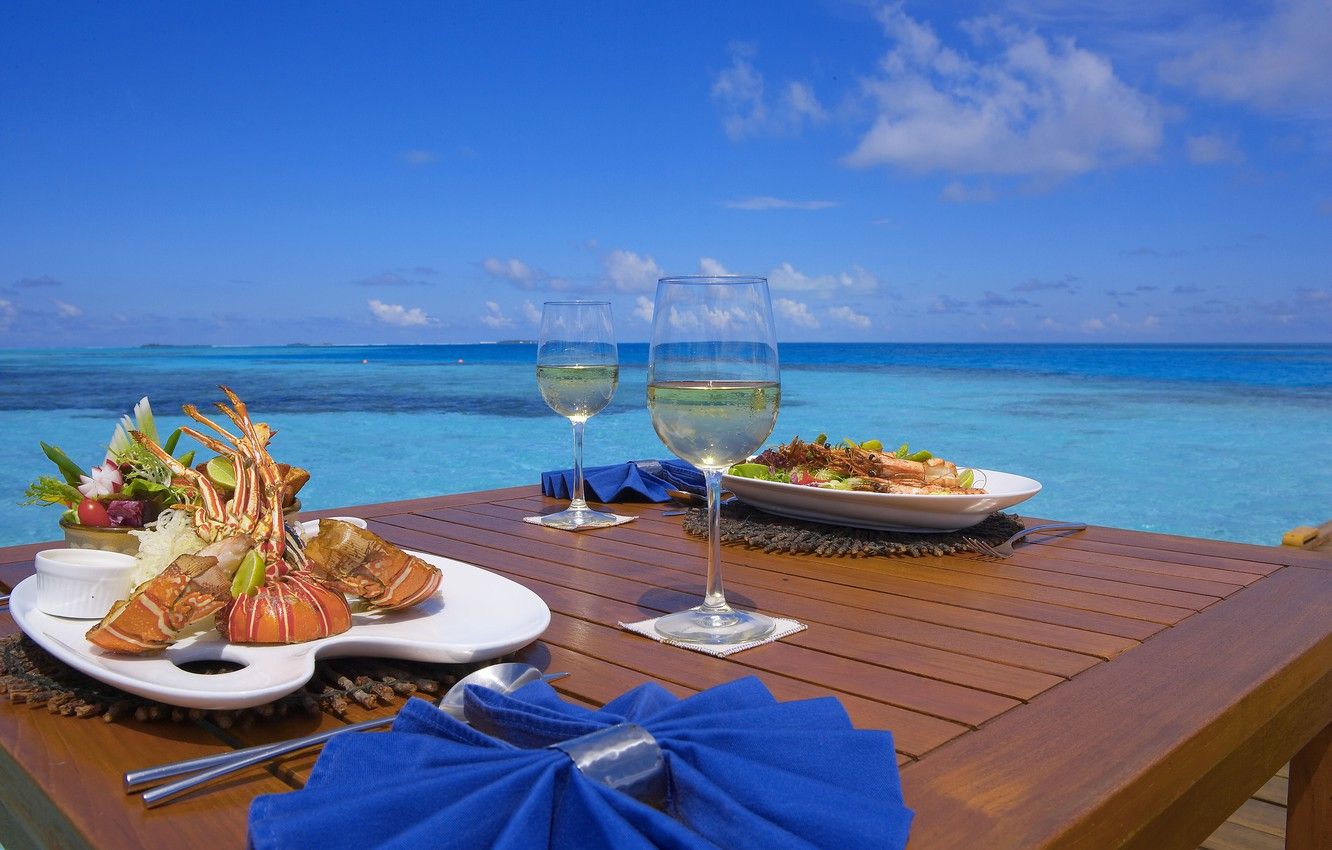 Wallpaper food, champagne, beach, Maldives, seafood, lunch image