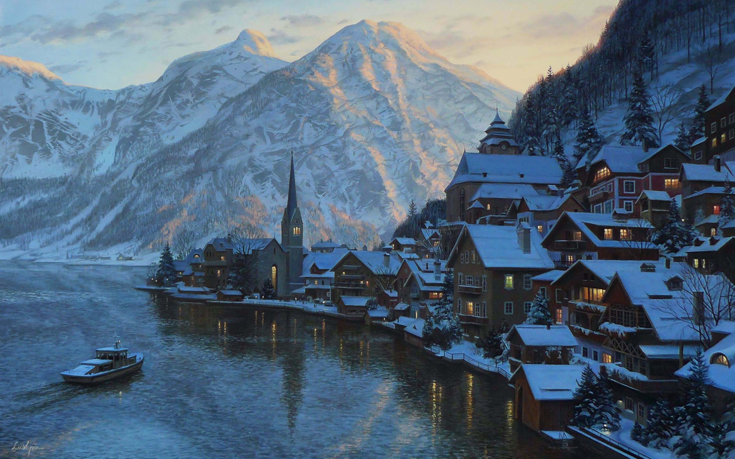 Lushpin painting landscape Austria alps mountains winter snow
