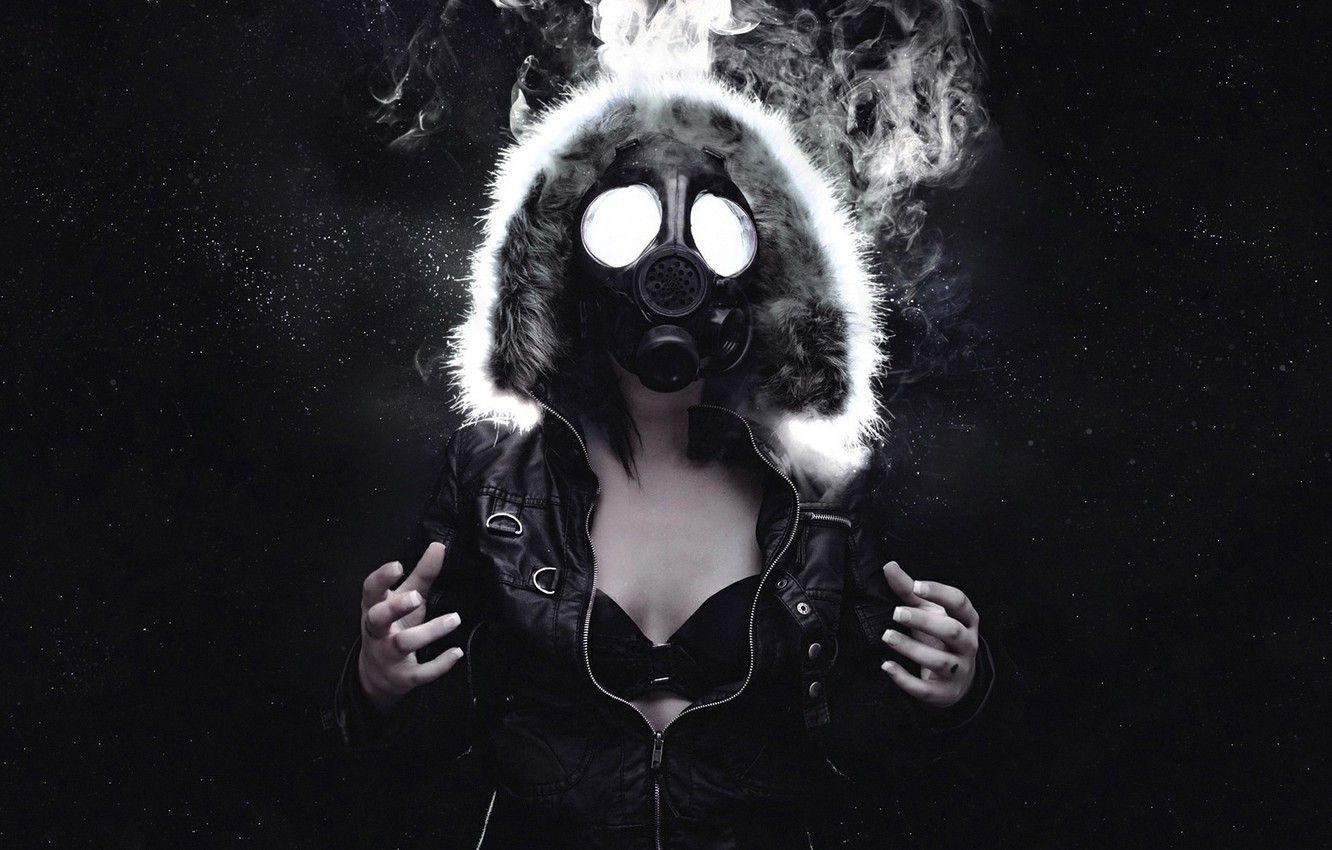 Wallpaper girl, space, stars, smoke, jacket, hood, gas mask image for desktop, section рендеринг