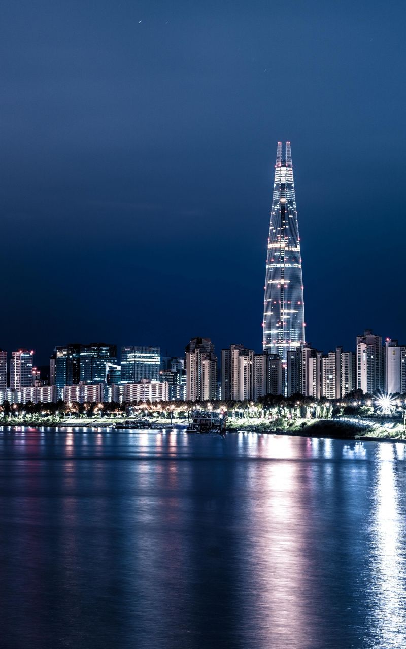 Download Seoul, cityscape, night, buildings, Han river wallpaper