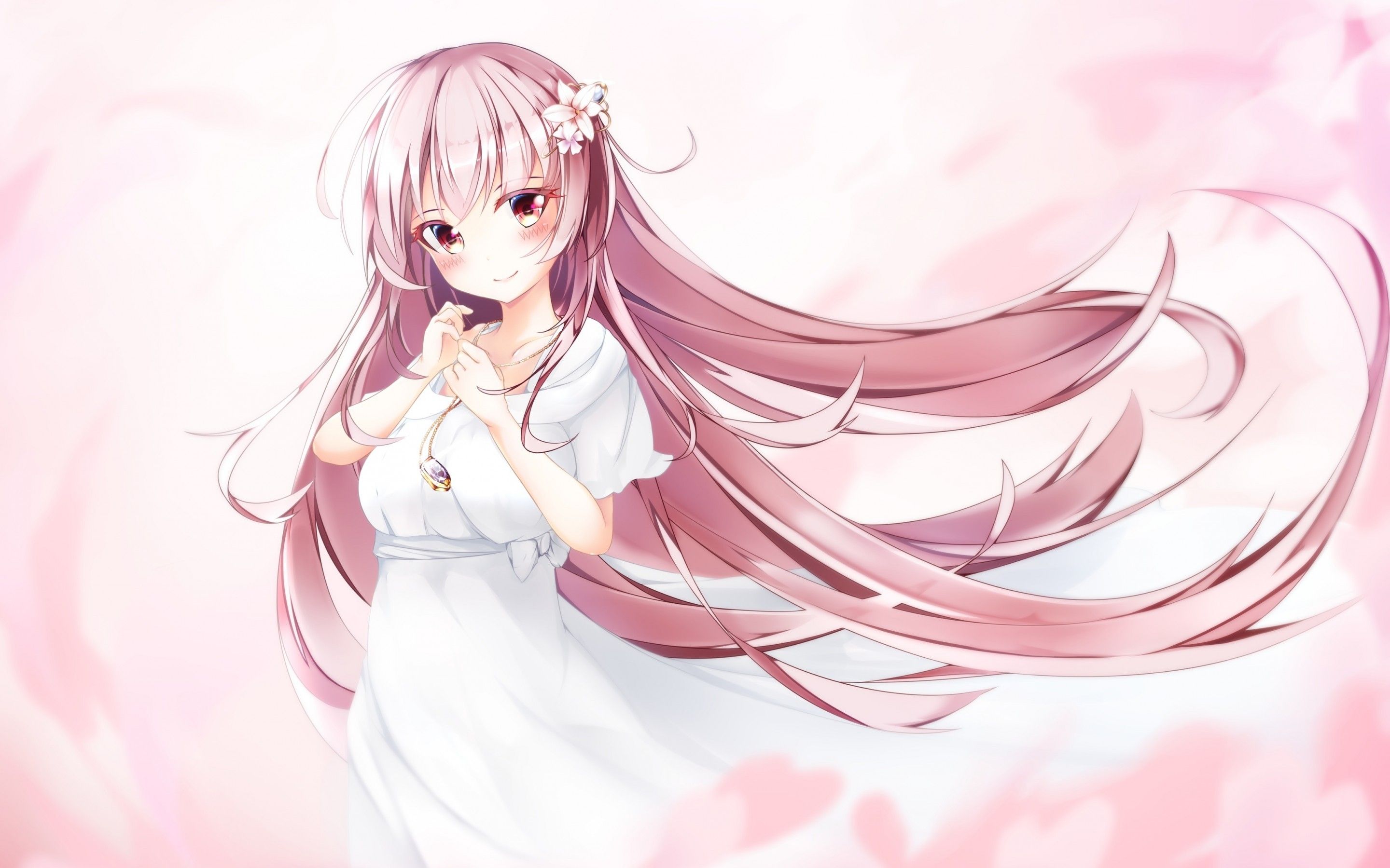 Download 2880x1800 Anime Girl, Pink Hair, Smiling, White Dress, Necklace Wallpaper for MacBook Pro 15 inch