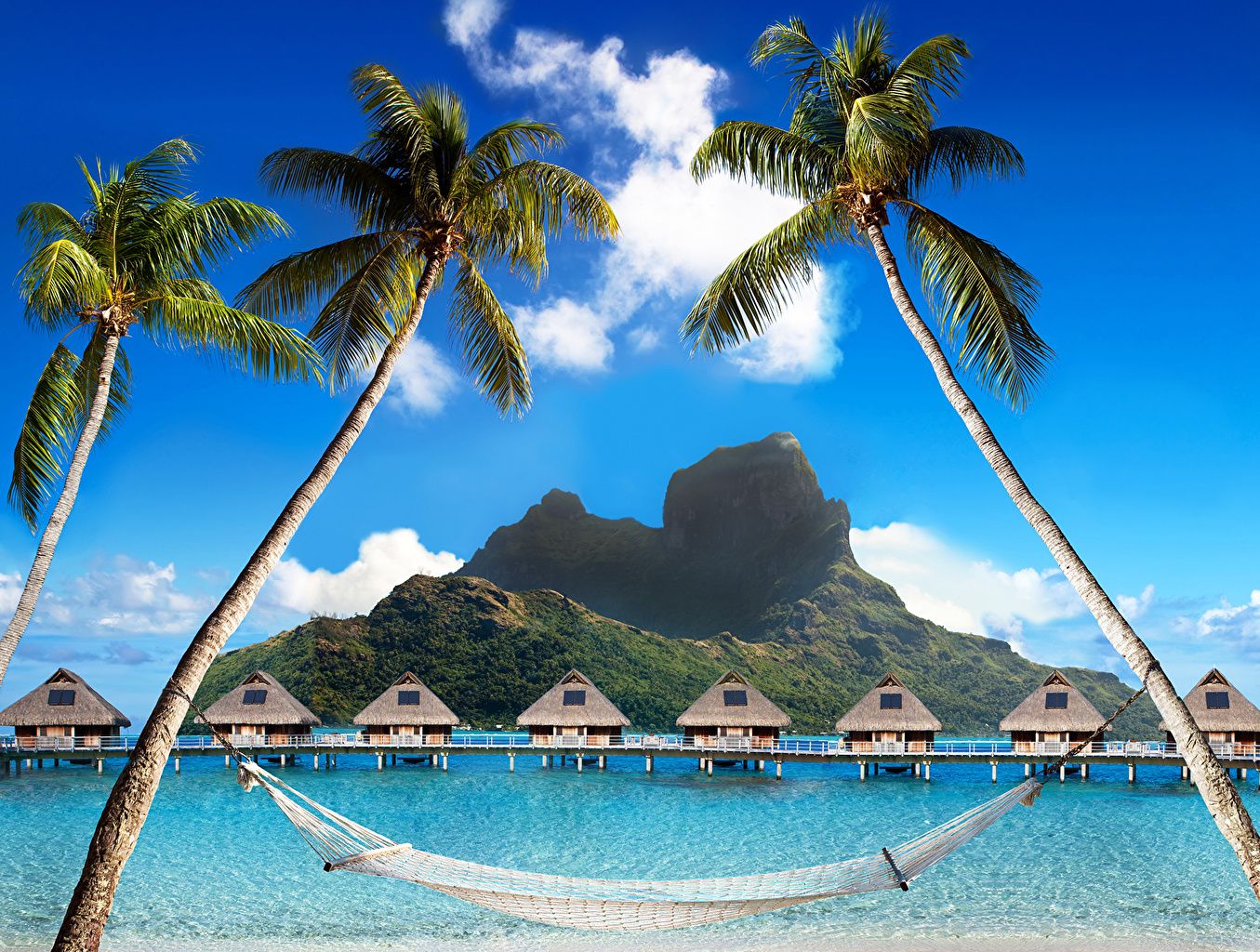 Desktop Wallpaper Bora Bora French Polynesia Bungalow Sea Nature