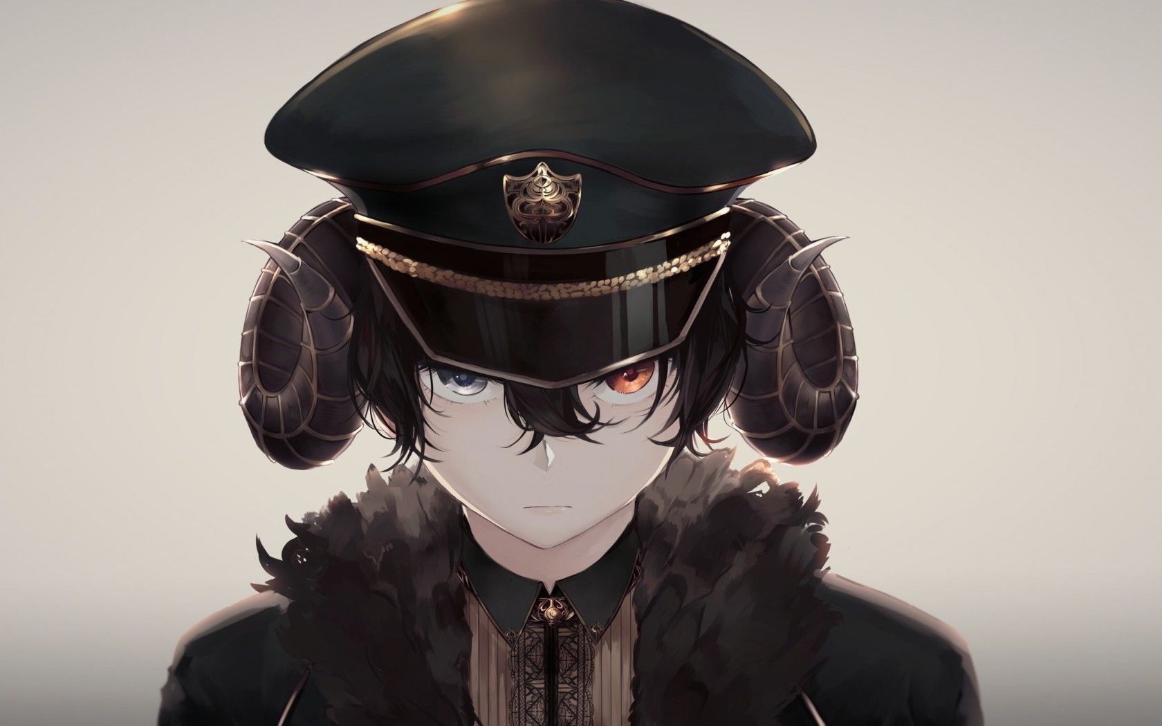 Anime Boy, Creepy, Horns, Hat, Uniform, Bicolored Eyes. Anime