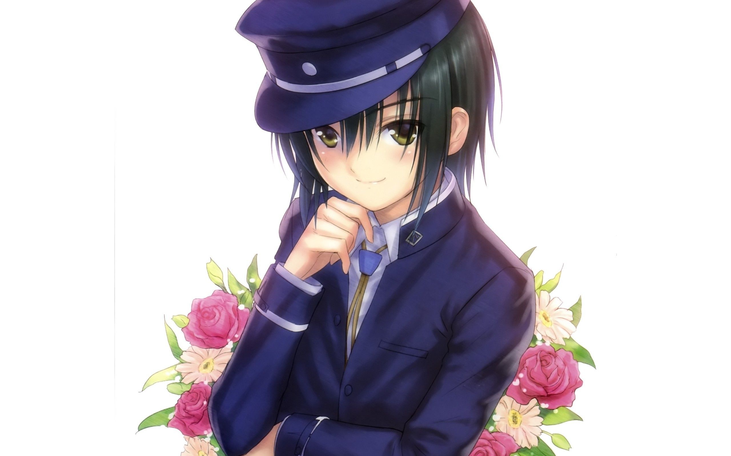 Download 2560x1600 Anime Boy, Uniform, Cap, Flowers Wallpaper