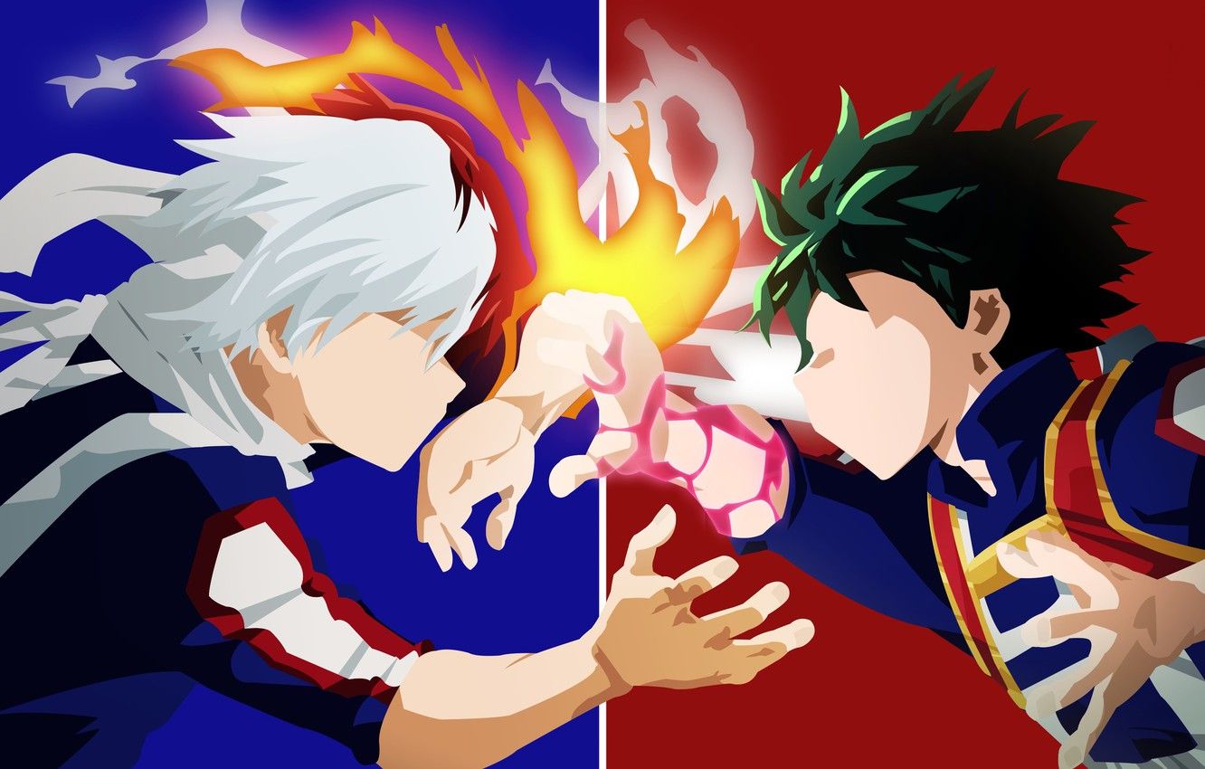 Wallpaper green, fire, red, flame, ice, blue, anime, power, boy
