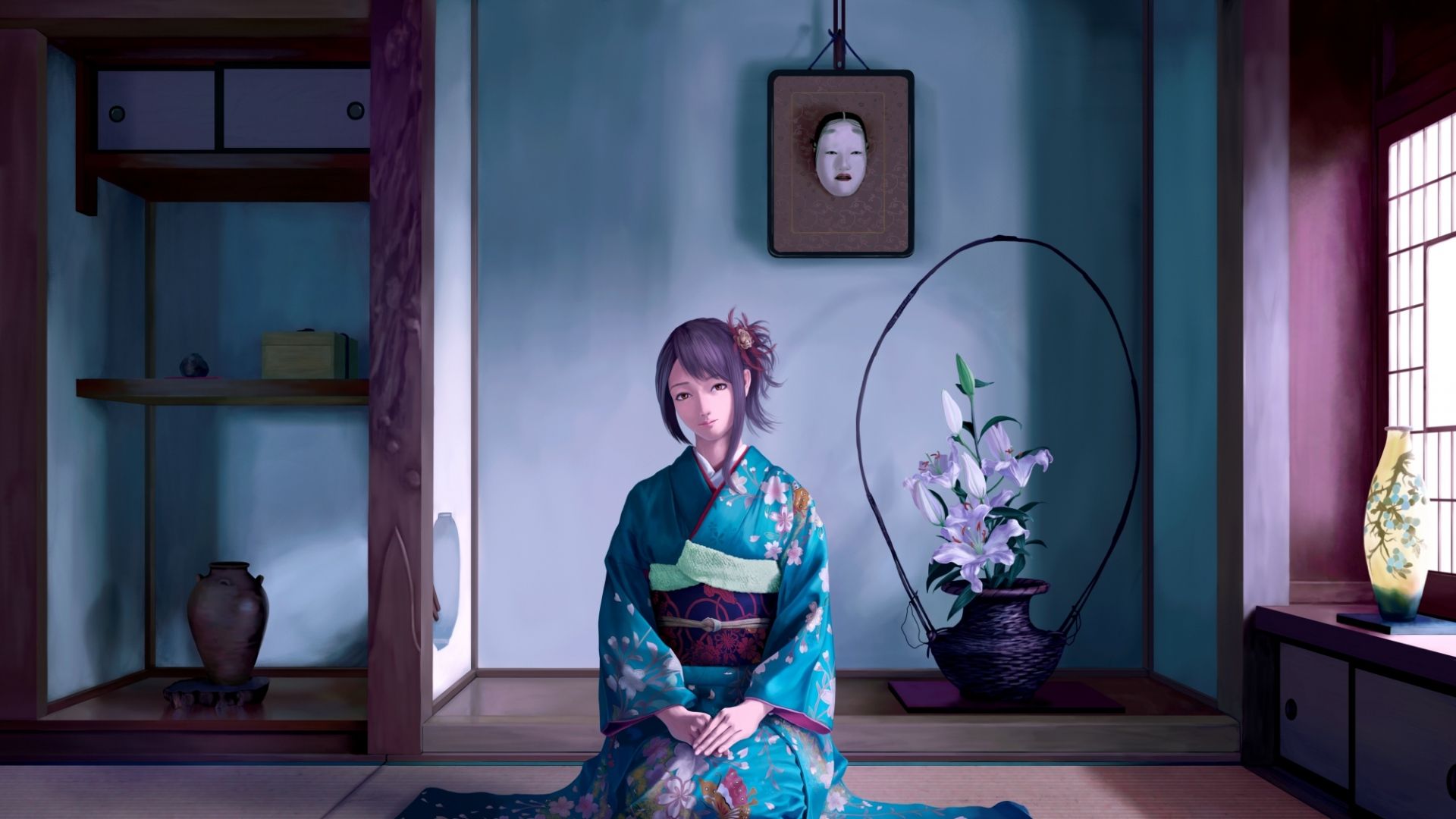 Download 1920x1080 HD Wallpaper kimono sad sight room, Desktop
