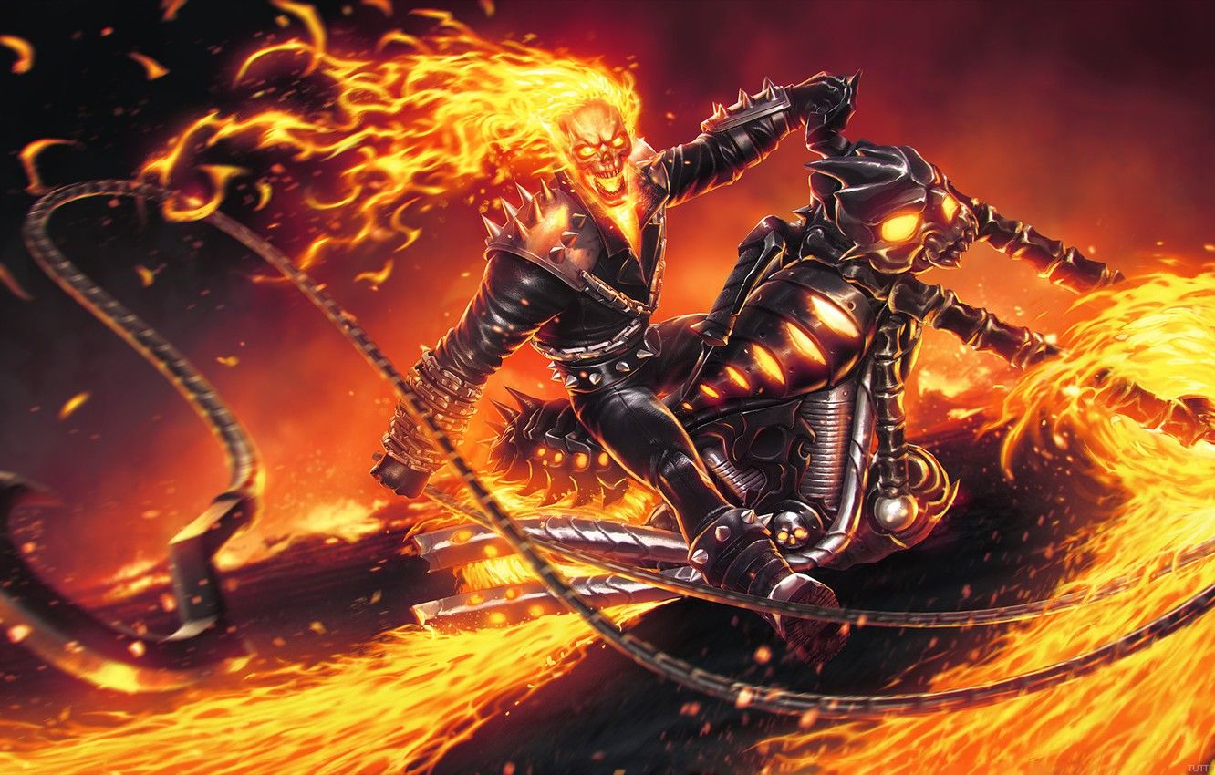 Photo Wallpaper Fire, Skull, Chain, Motorcycle, Fire