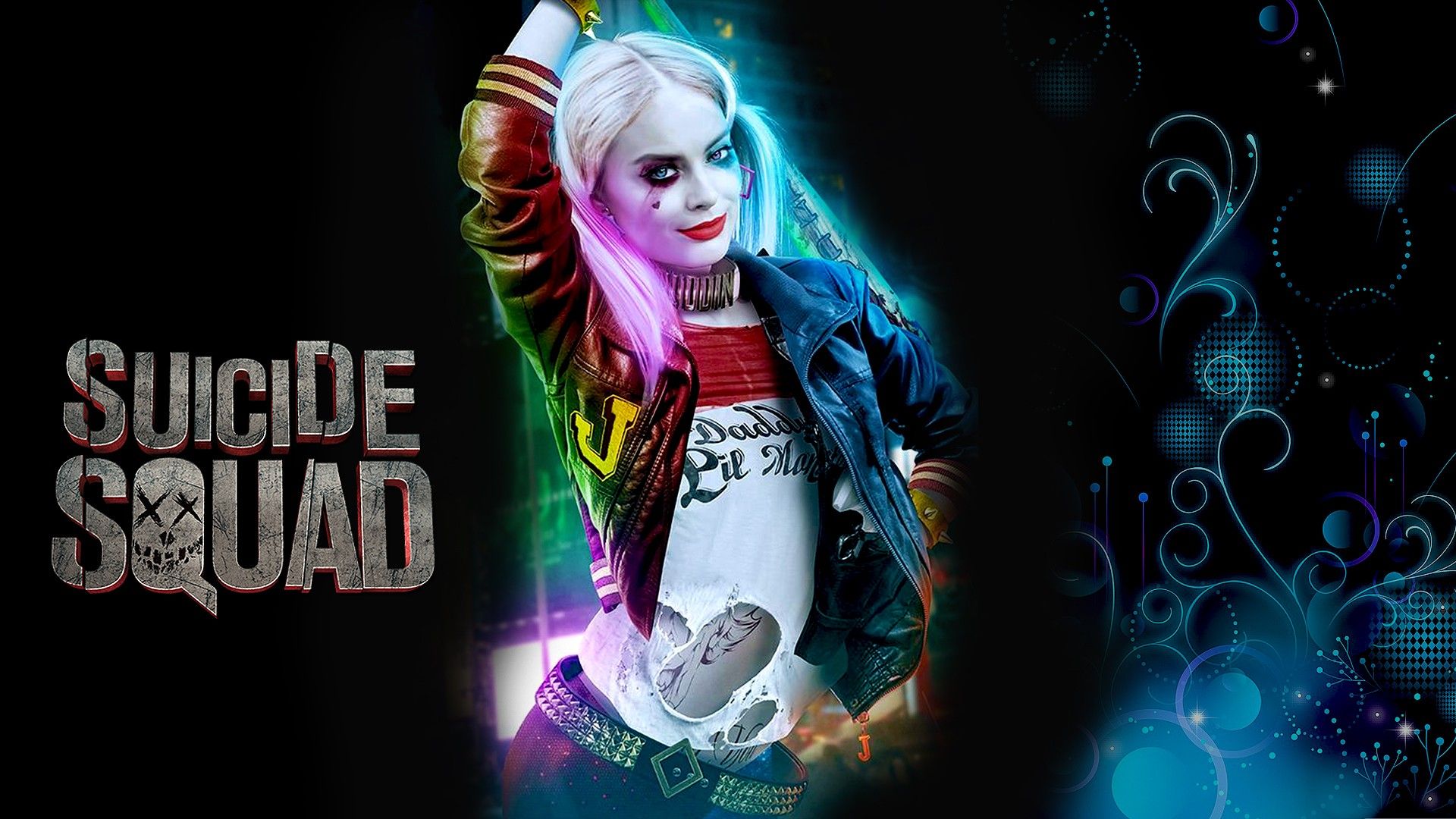 Download 1920x1080 HD Wallpaper harley quinn smile leather jacket