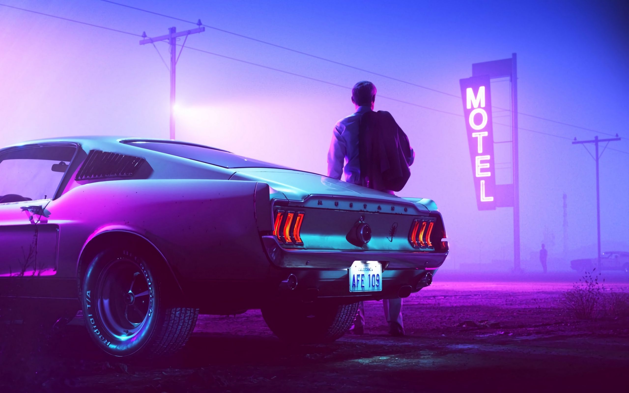 Download wallpaper 2560x1600 car, neon, man, sign widescreen 16:10