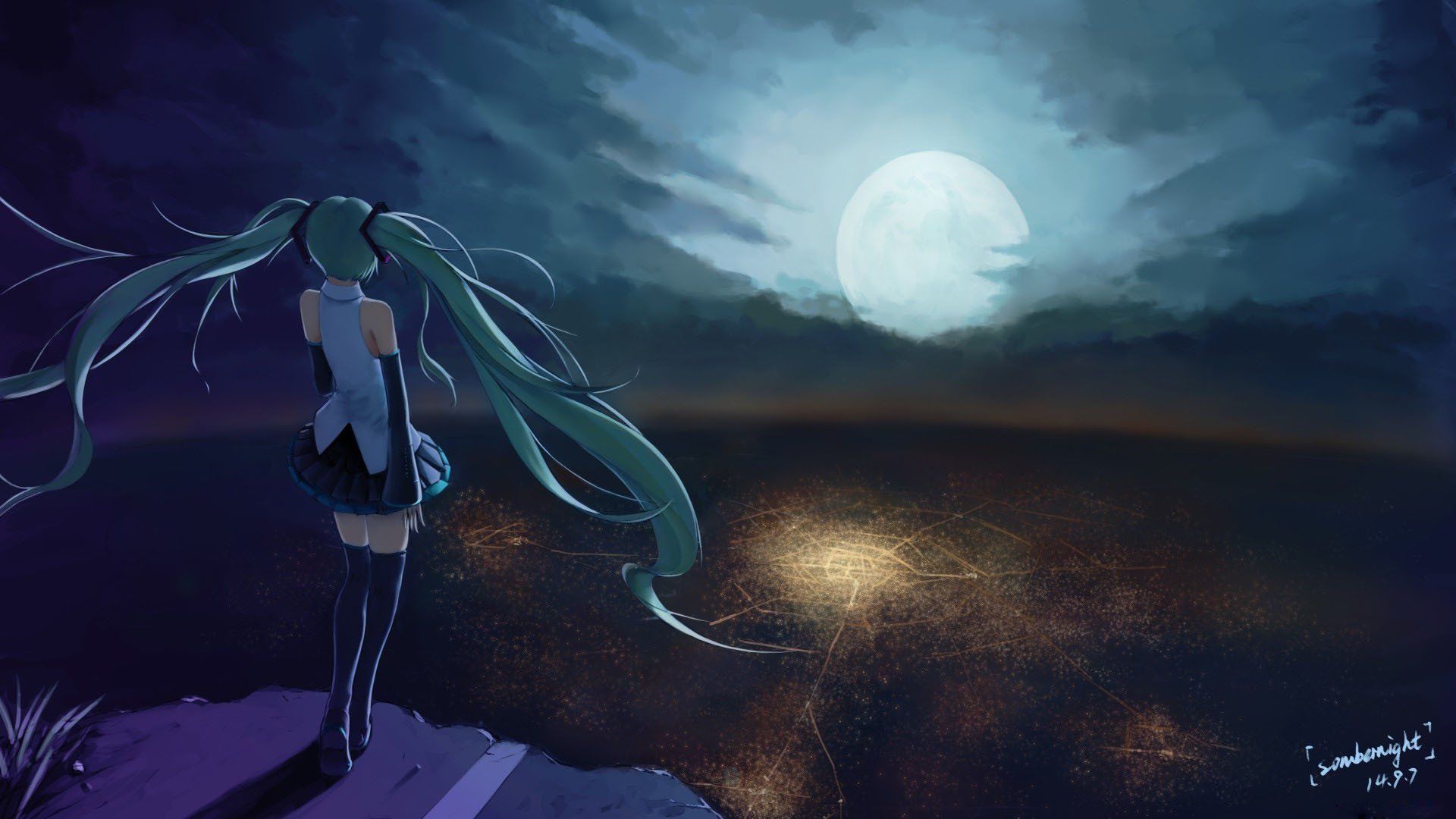 Anime character series beautiful girl vocaloid moon sky alone