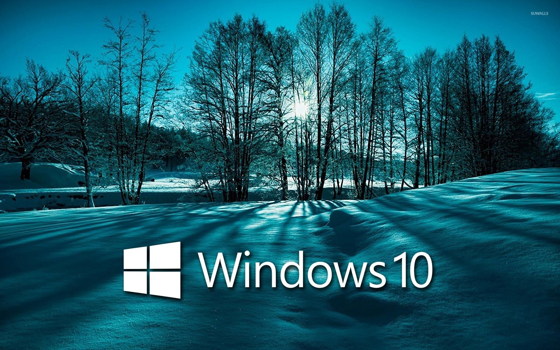 Windows 10 on snowy trees white text logo wallpaper