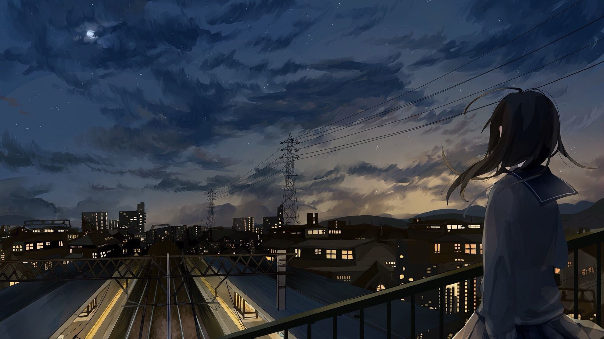 Anime Girl In School Uniform Watching City Sky 1080P