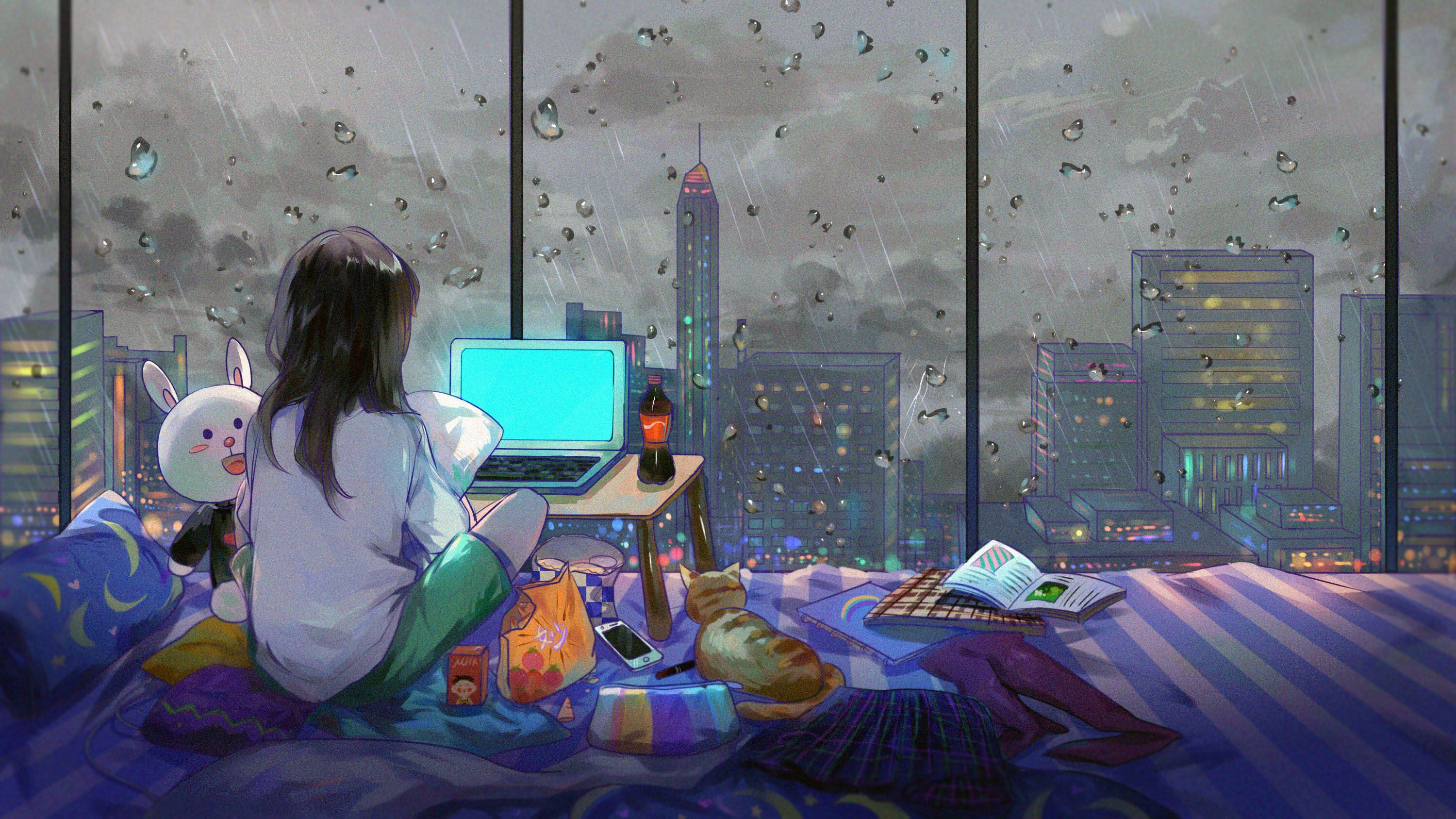 Anime Girl Room City Cat, HD Anime, 4k Wallpaper, Image