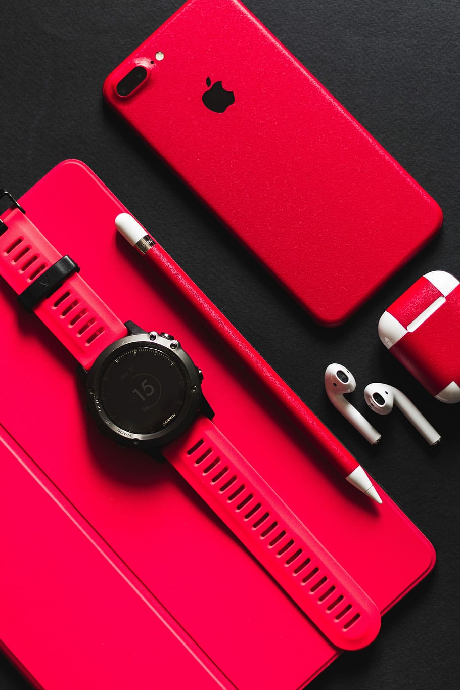 HD wallpaper: smartwatch, stylus, AirPods, and product red iPhone