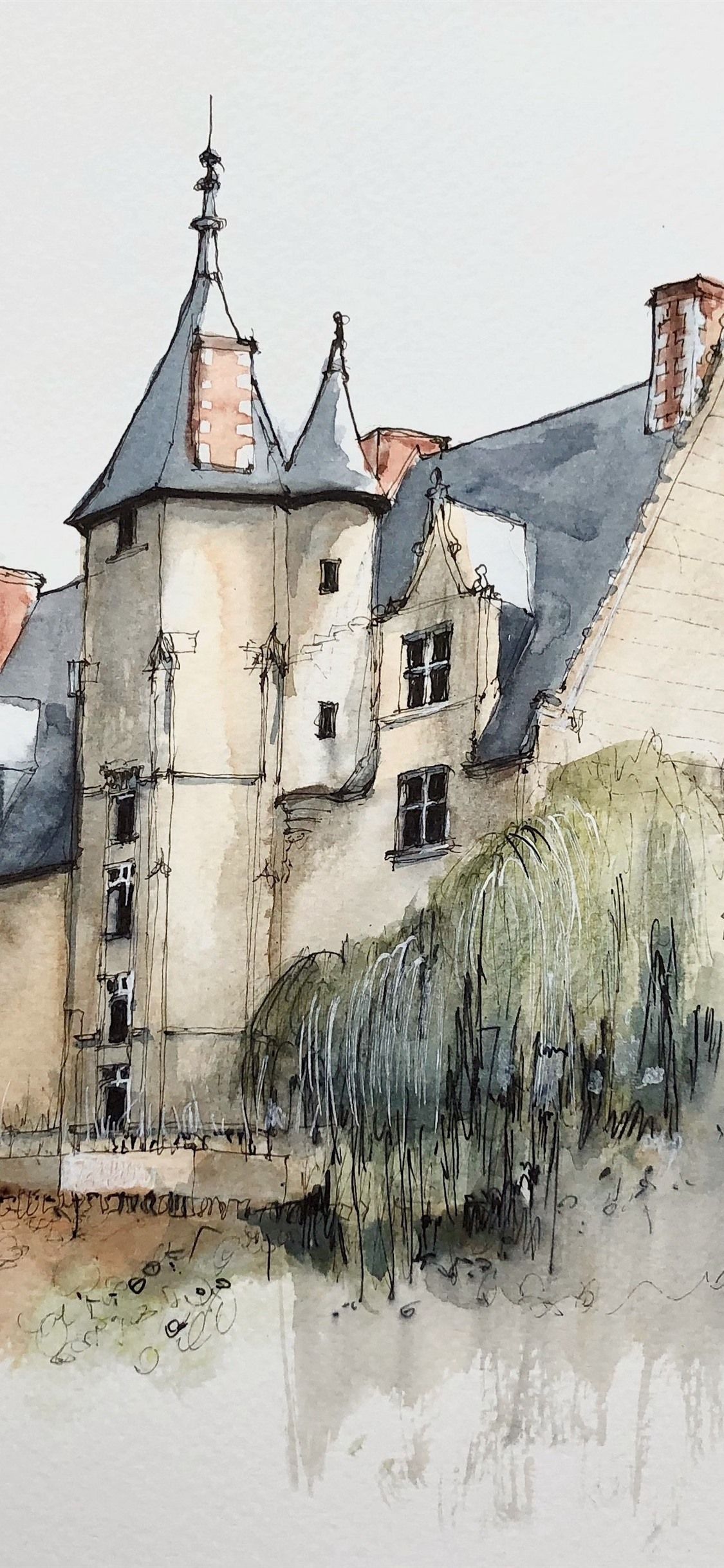 Watercolor Painting, Village, House 1125x2436 IPhone 11 Pro XS X