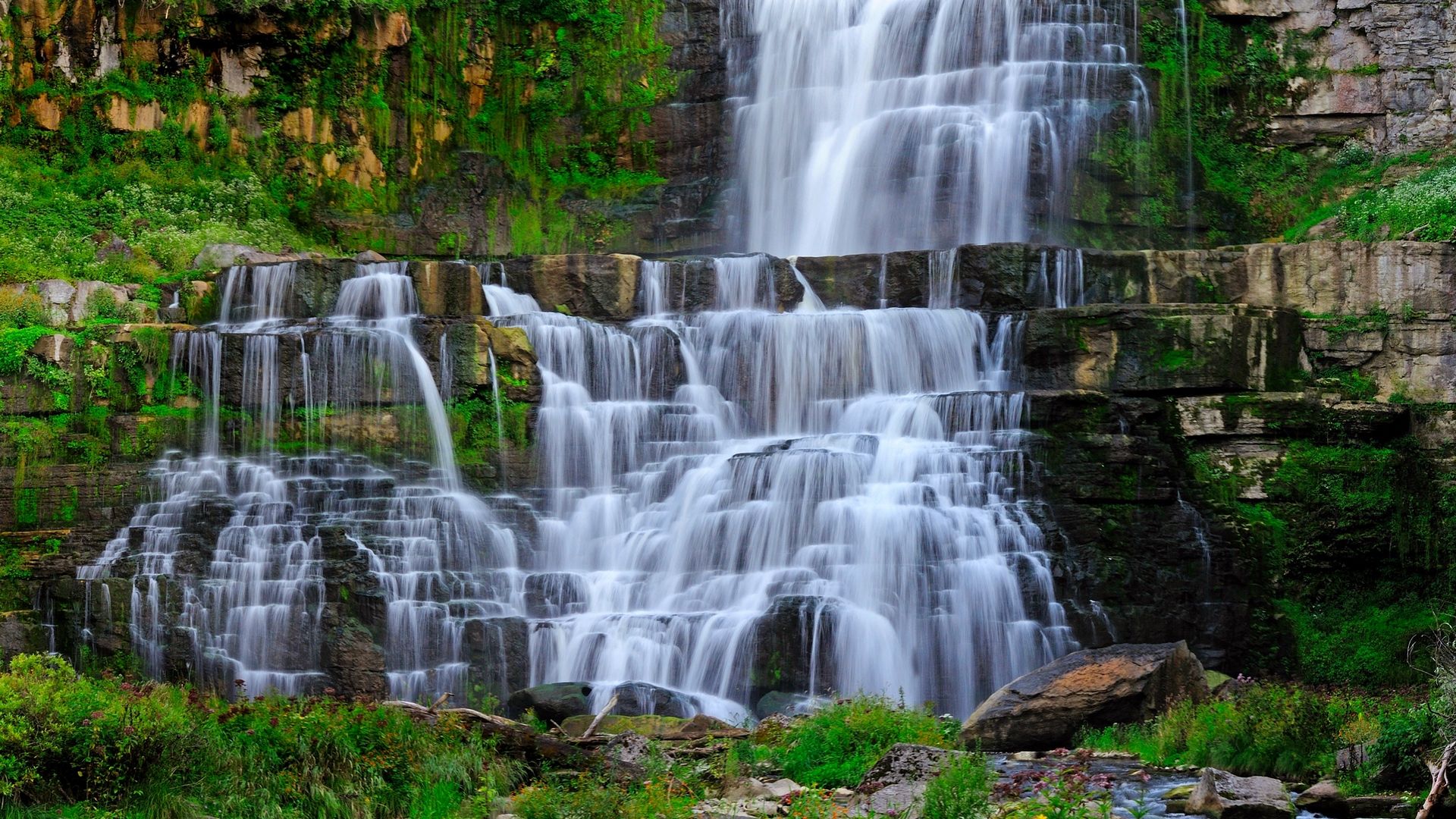 Download wallpaper 1920x1080 waterfall, stream, rocks, landscape
