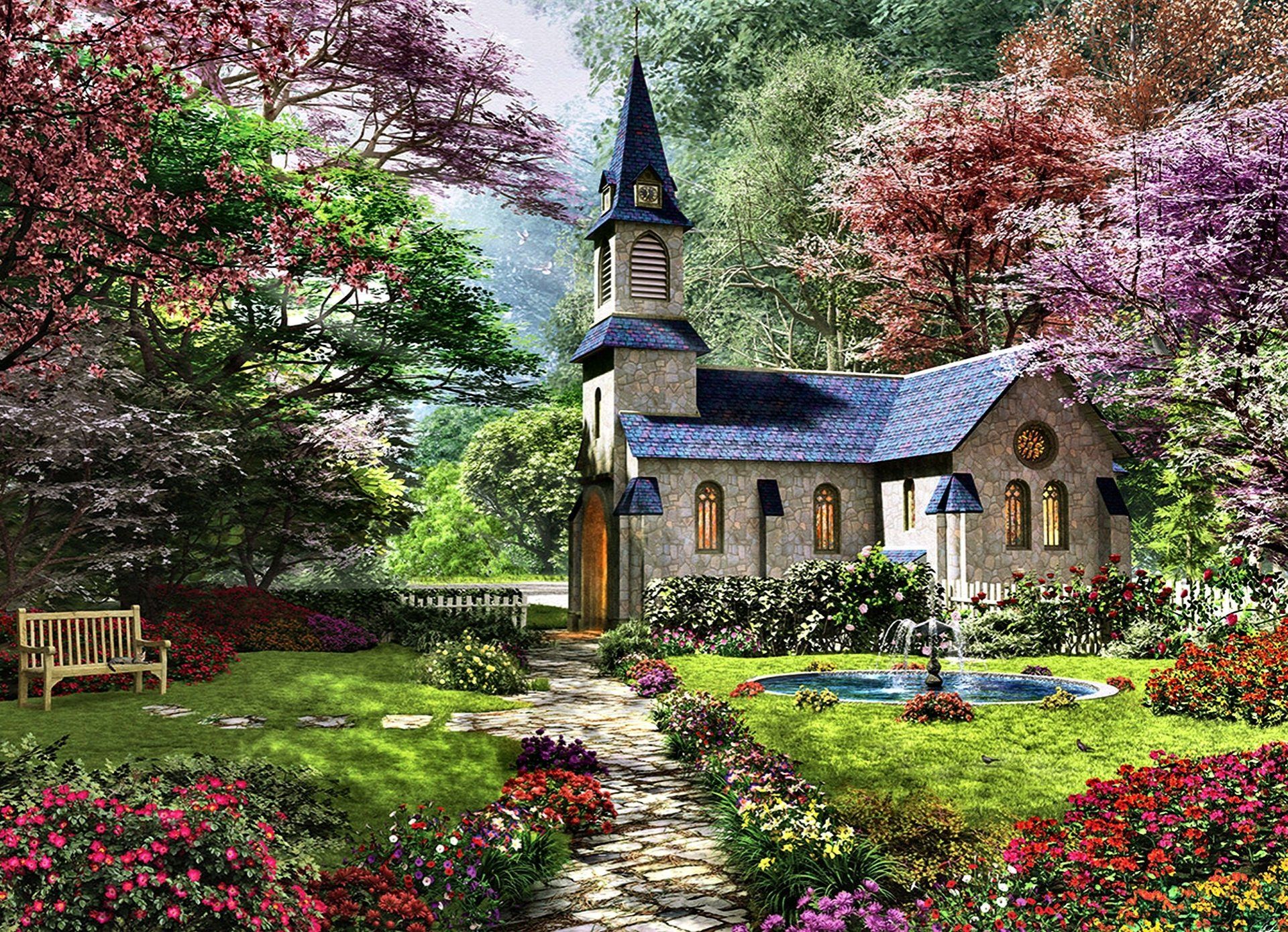 Chapel in Springtime HD Wallpaper. Background Imagex1389