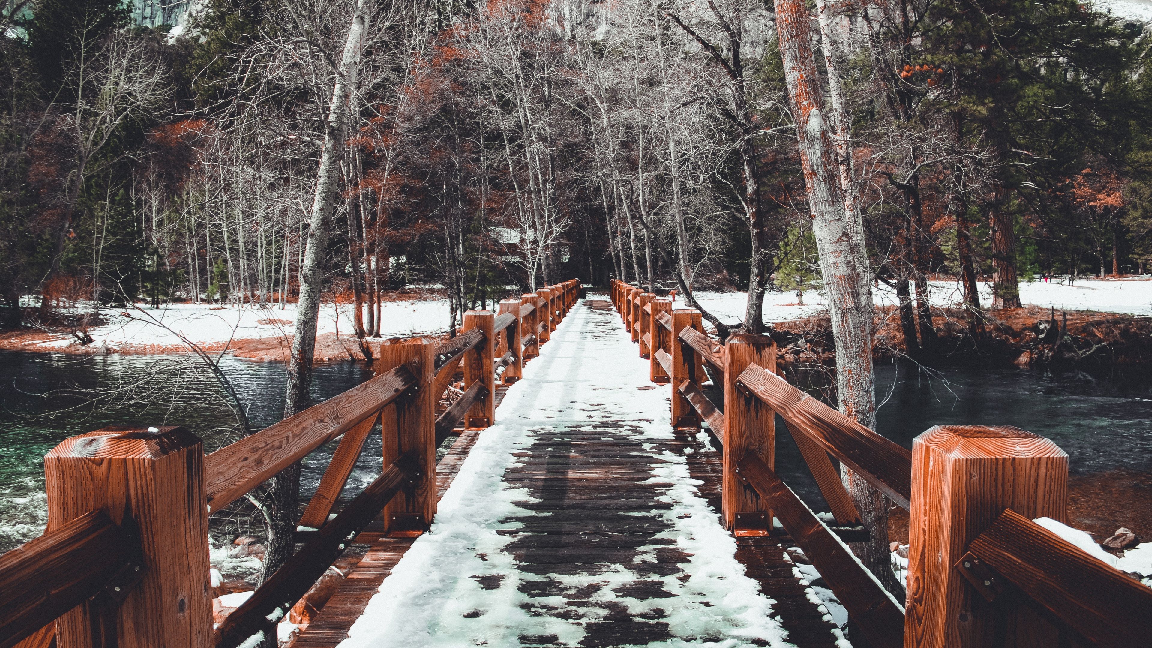 Bridge Snow Winter Trees Spring (3840x2160)