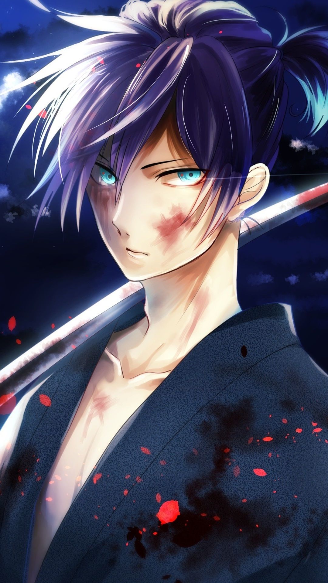 Wallpaper Anime boy, kimono, katana, blood, moon, night 2560x1920