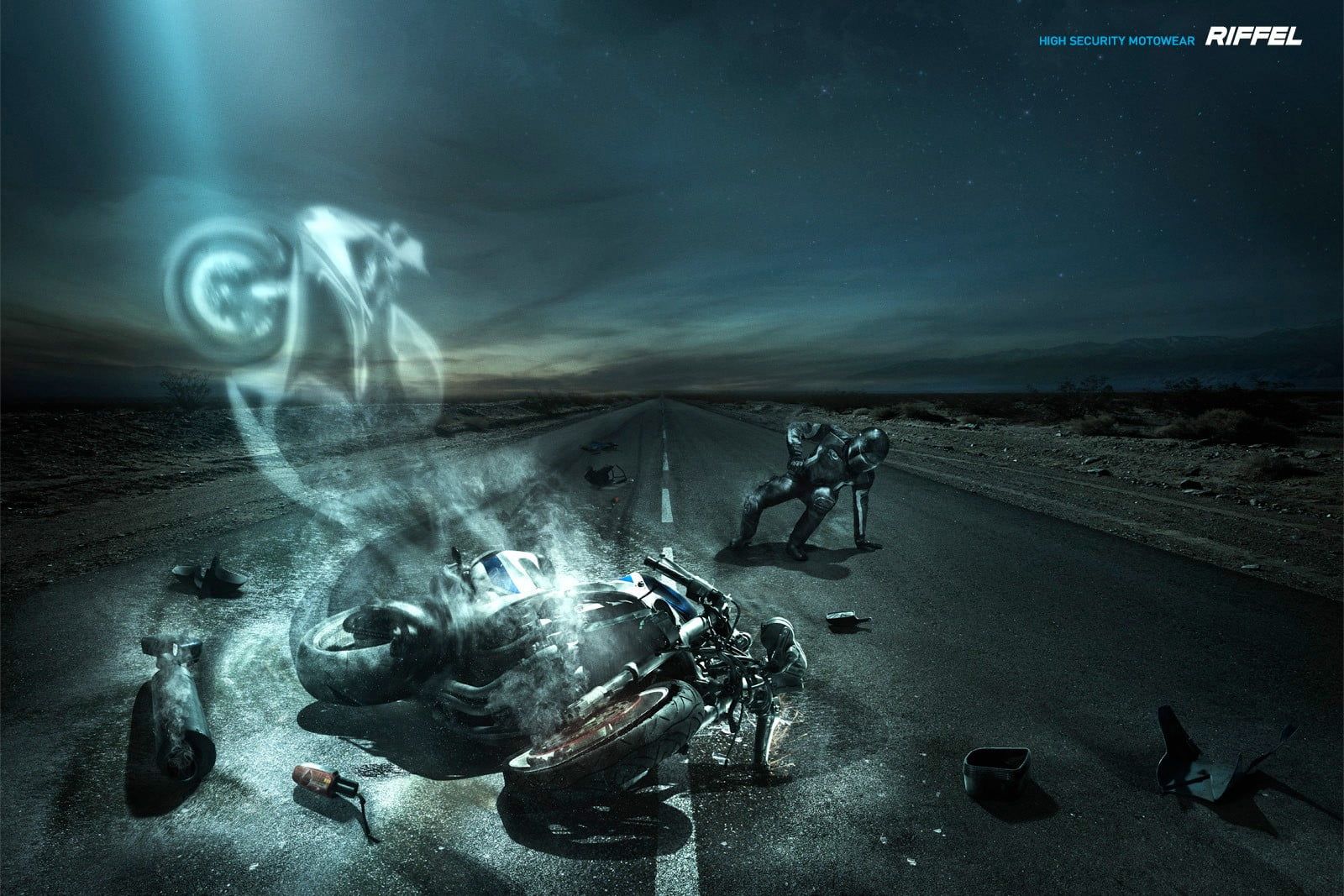 Person riding motorcycle crash on road Riffel digital wallpaper
