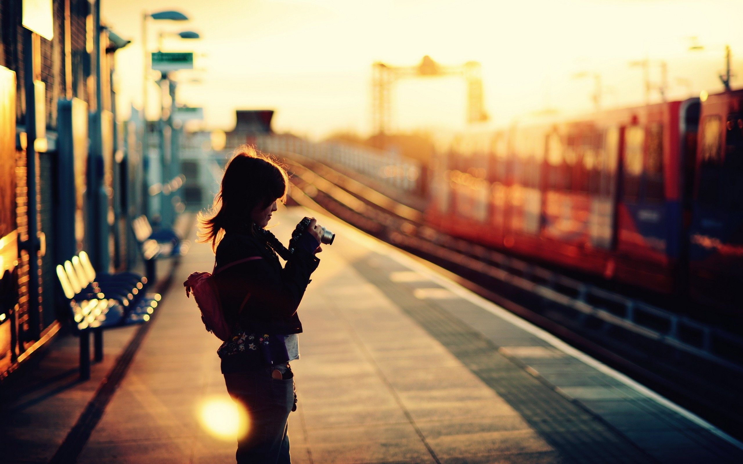 #women, #sunset, #train, #depth of field, #railway station