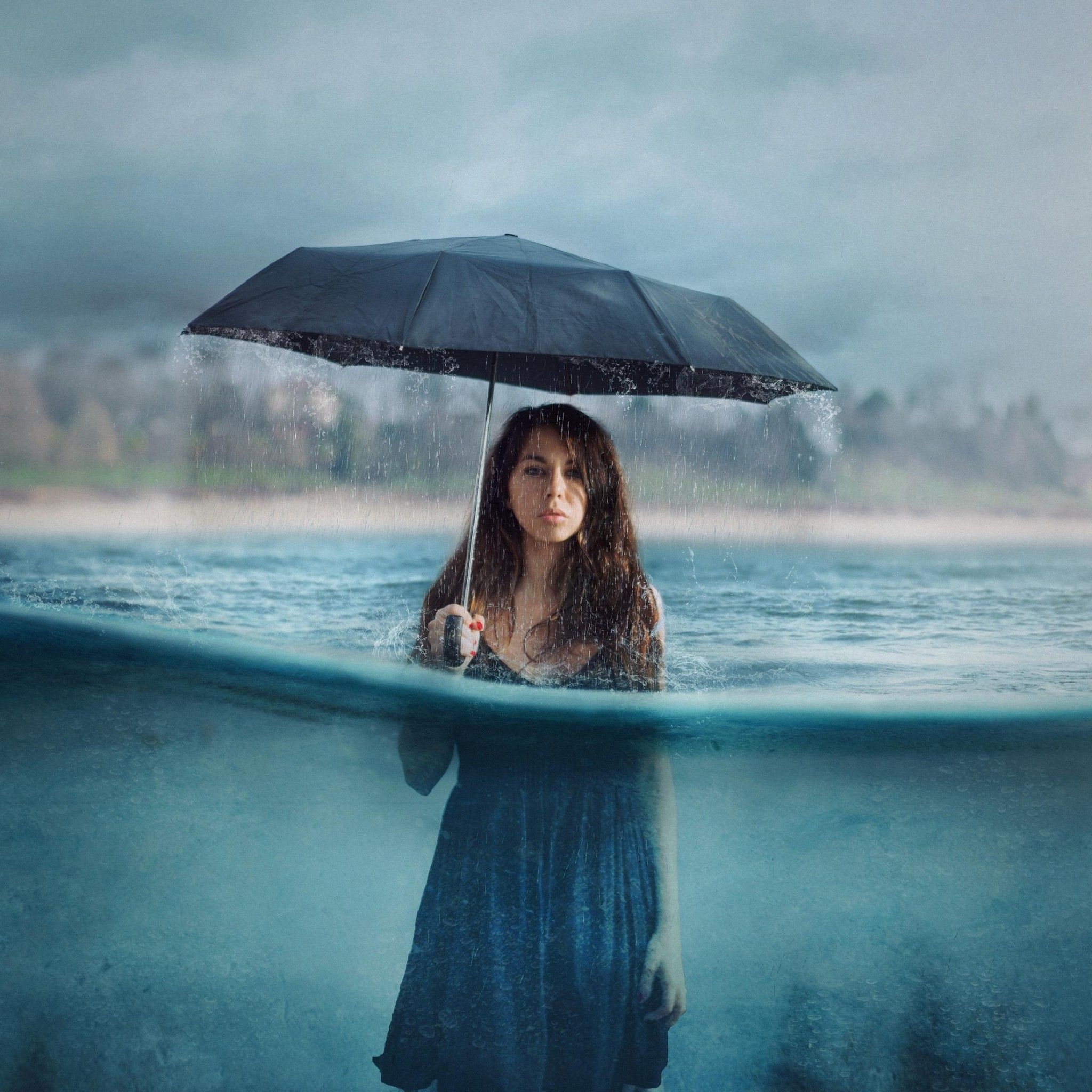 Photography Manipulation Umbrella Girl Women Rain iPad