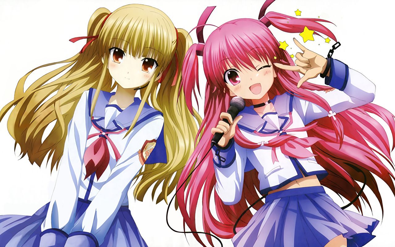 Desktop Wallpaper Angel Beats! Microphone Yusa, Yui Two Girls Anime