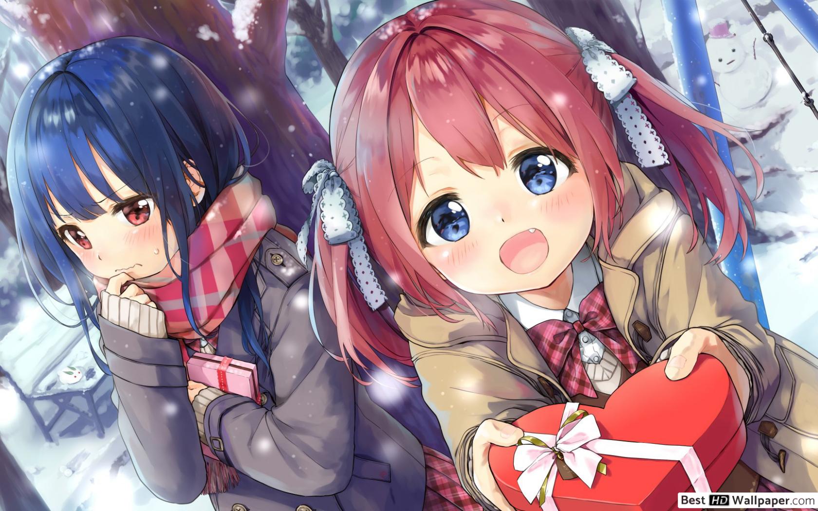 Anime girls in winter with gifts HD wallpaper download