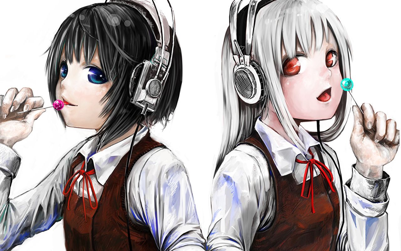 Picture Headphones Schoolgirls Two Girls Anime Uniform Staring