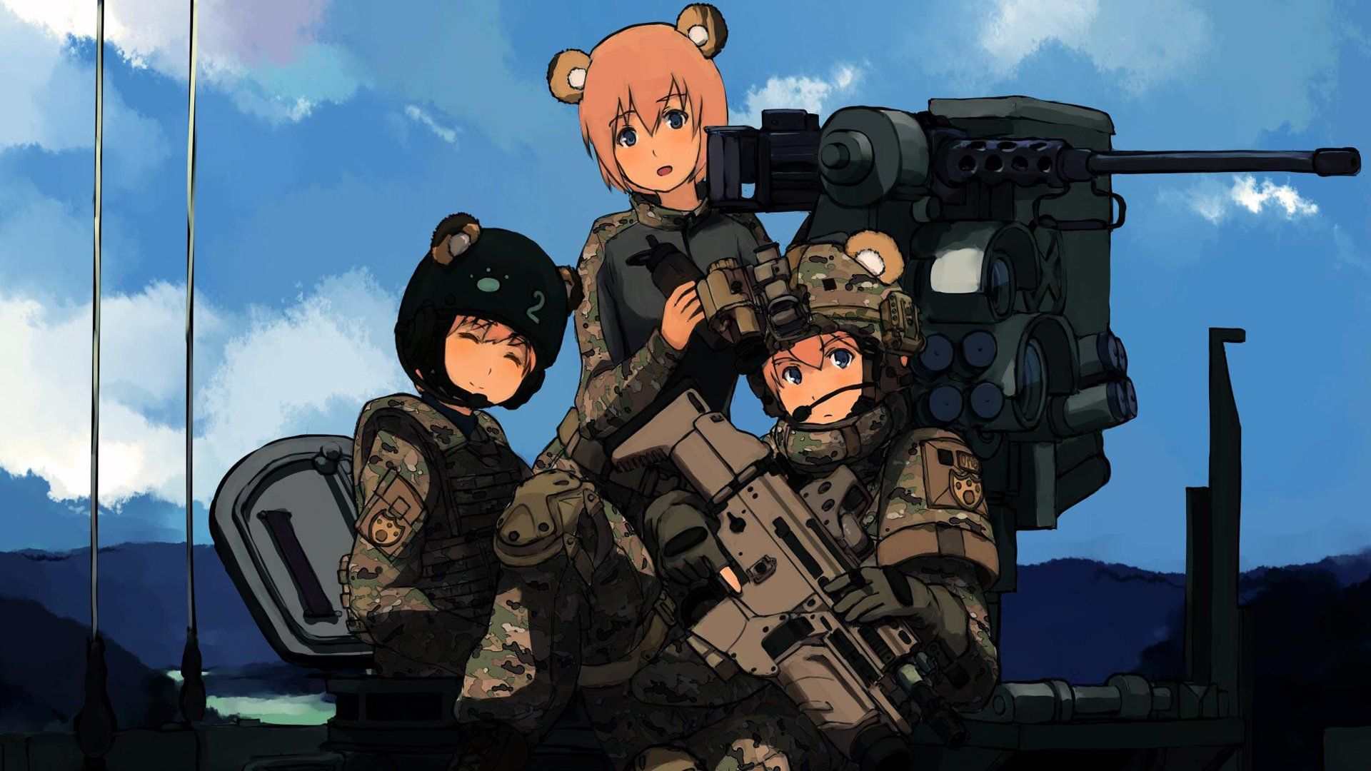 Military blue eyes weapons animal ears assault rifle anime girls