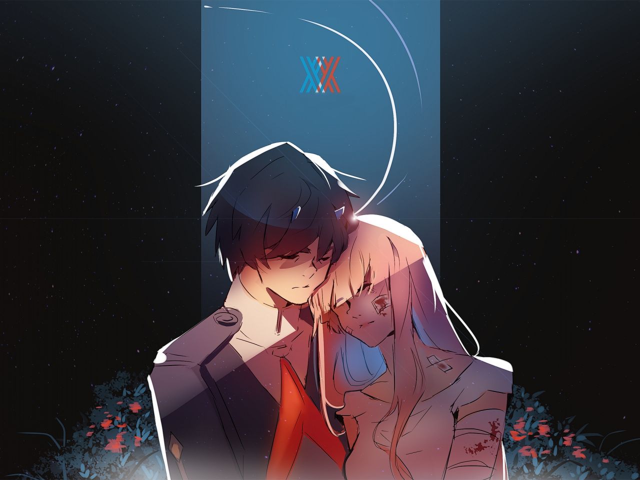 Download Hiro and zero two, love, anime, couple, hug, art