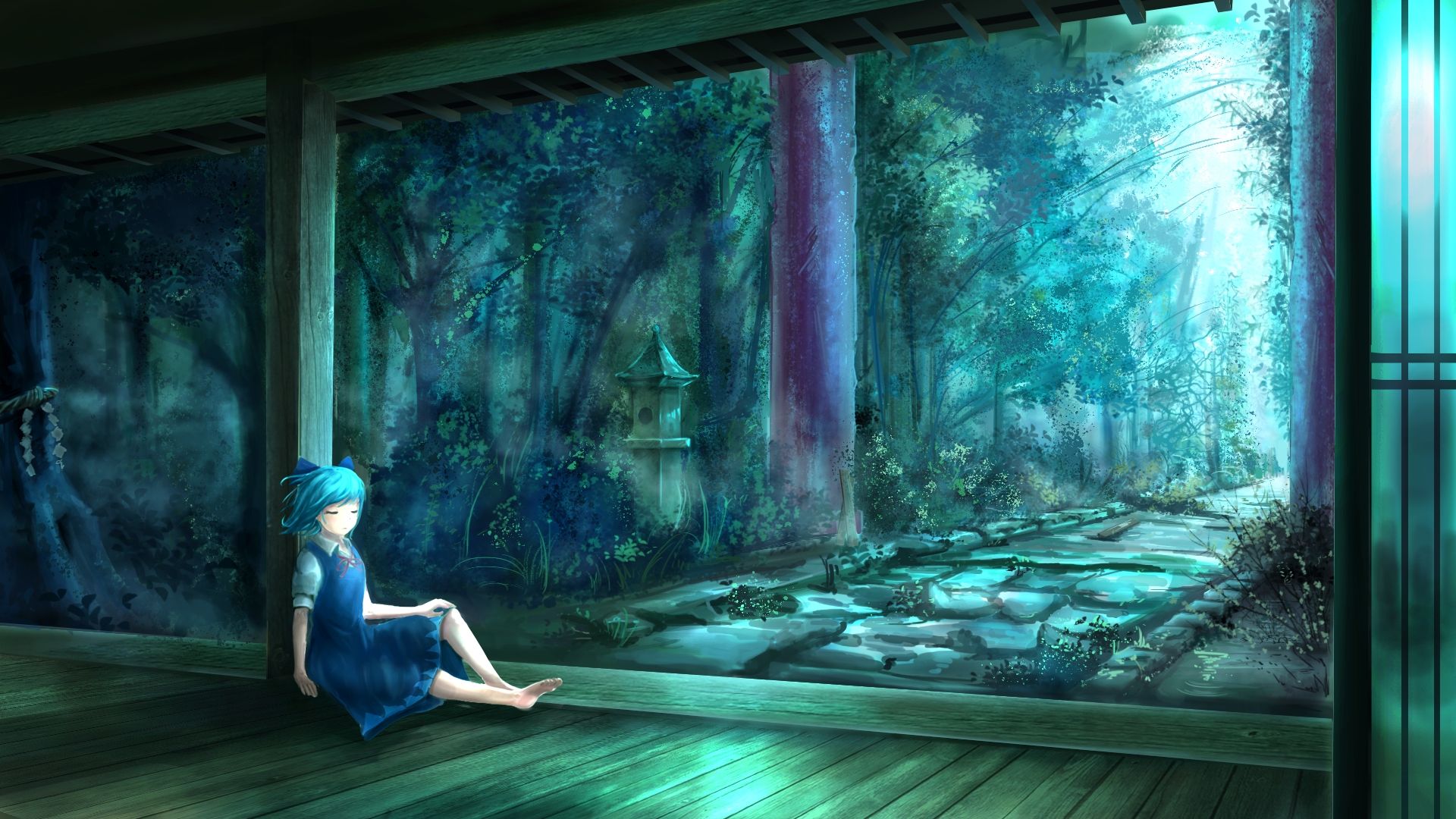 Download 1920x1080 Cirno, Touhou, Shrine, Trees, Relax Wallpaper
