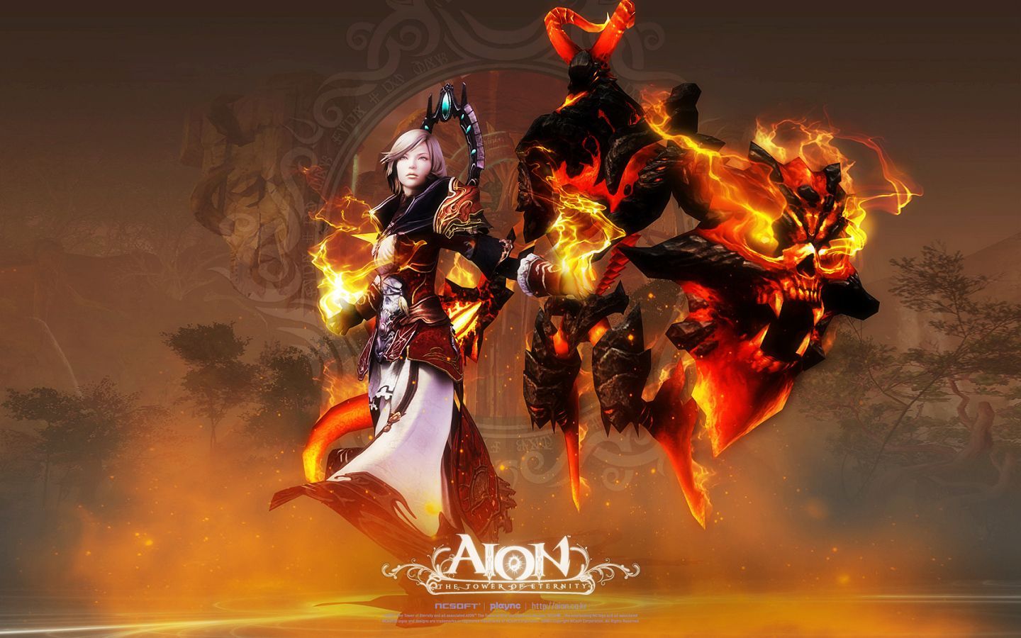 Aion game player Spiritmaster and the fire spirit. Fantasy