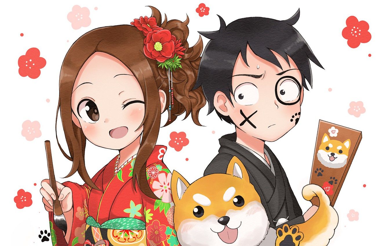 Wallpaper anime, boy, art, girl, white background, Karakai Jouzu