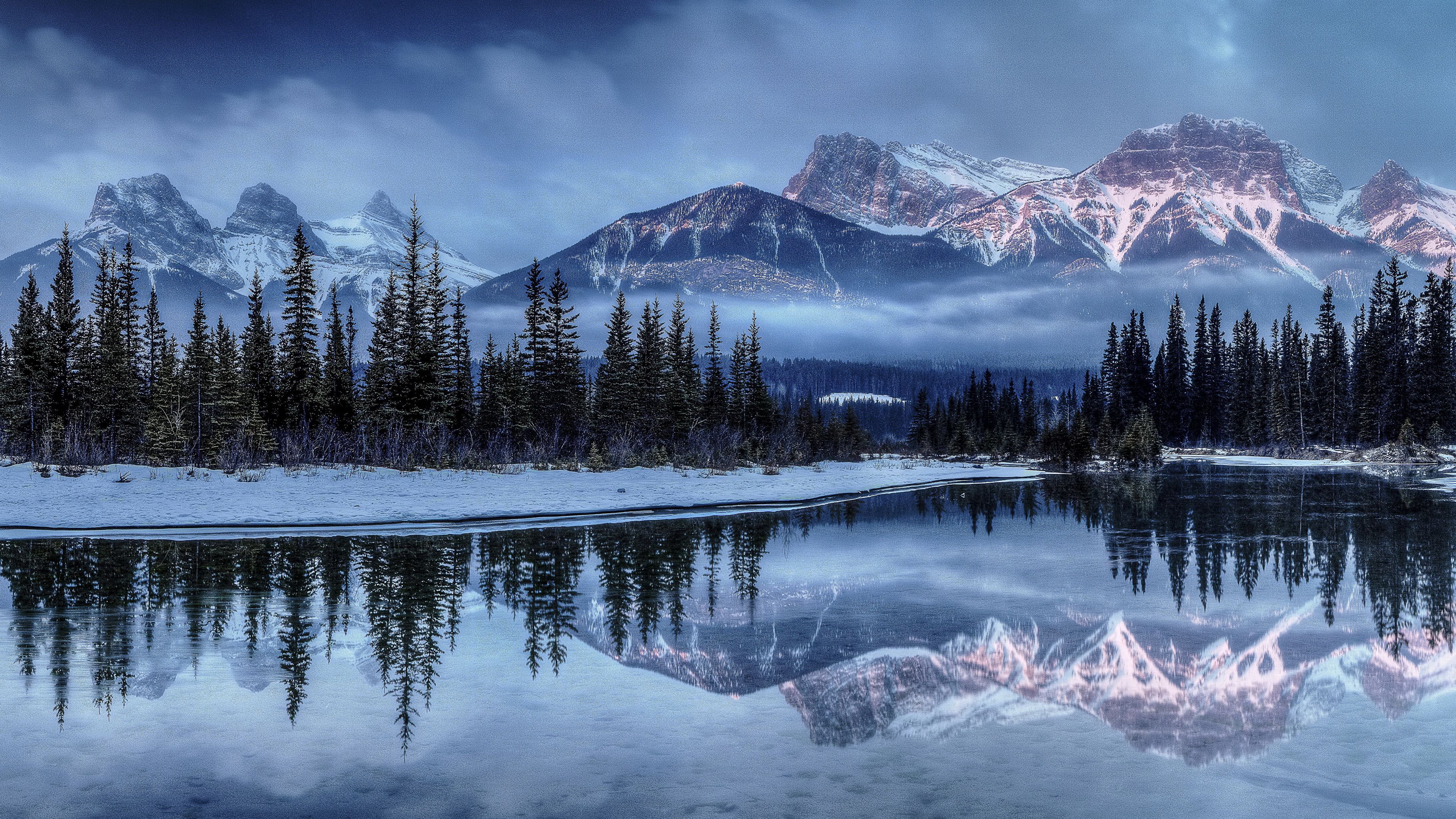 Picture Spruce Winter Nature Mountains Snow Lake Scenery 3840x2160